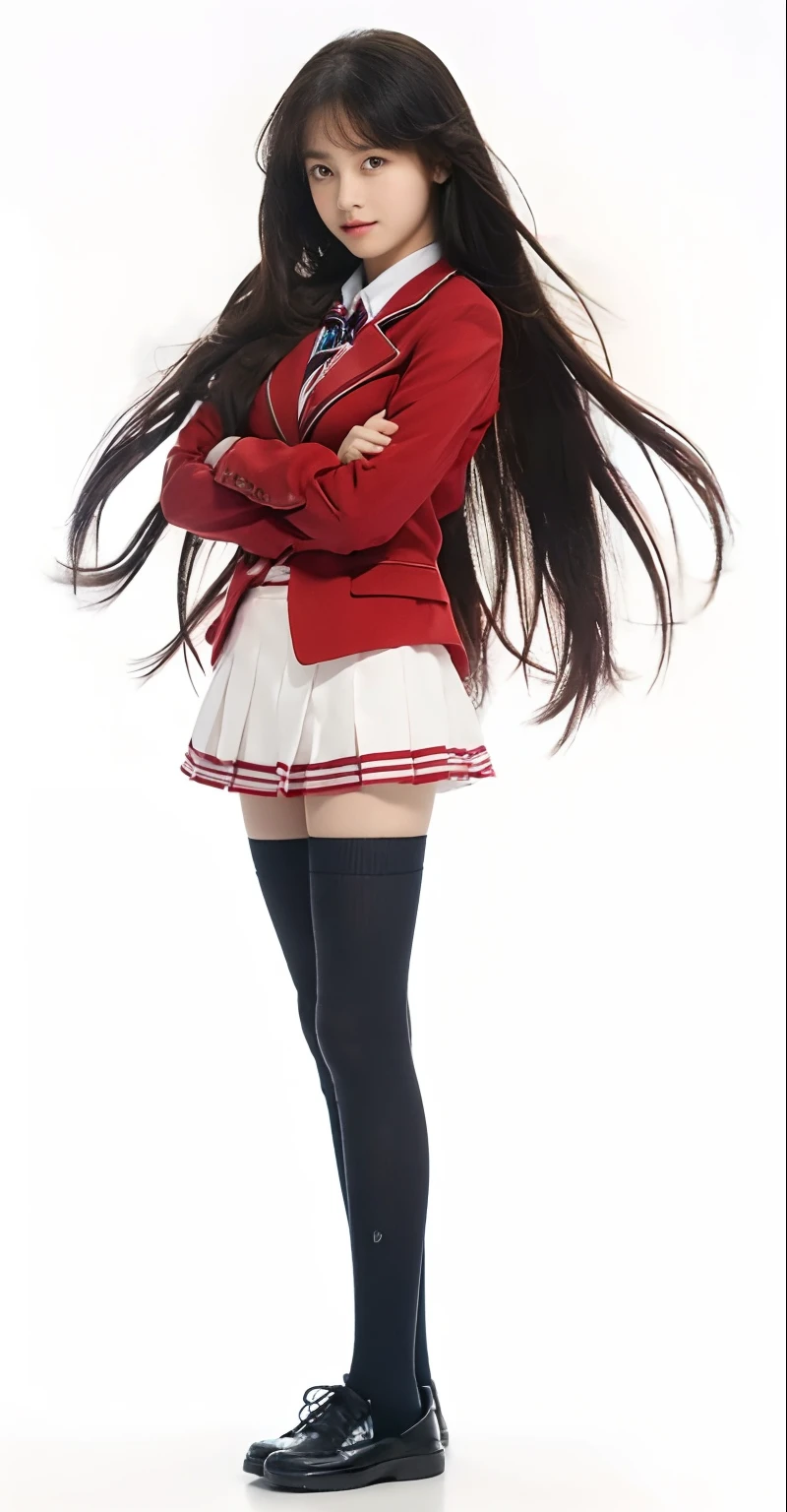 a girl in a uniform standing with her arms crossed, hyperrealistic, red blazer, white short skirt, beautiful high school girl, cute girl, long socks, school shoes
