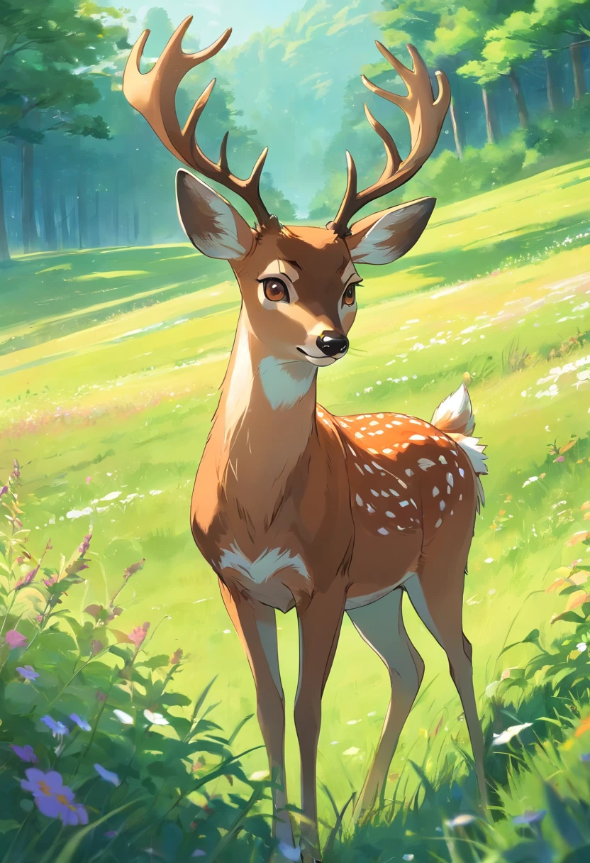 a detailed anime drawing of a brown deer that gives off a aura of grace with, large antlers, and green eyes dashing through a meadow by itself