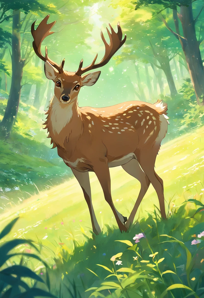 a detailed anime drawing of a brown deer that gives off a aura of grace with, large antlers, and green eyes dashing through a meadow by itself