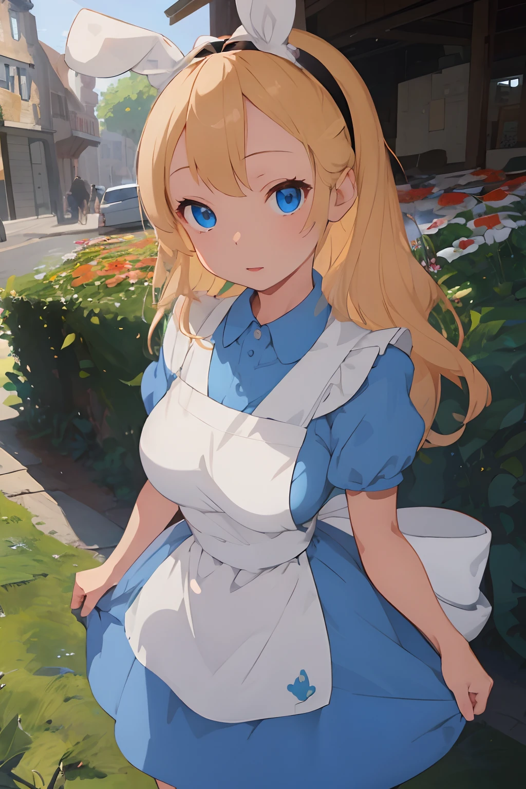 (​masterpiece、top-quality;1.3)、ighly detailed、1girl in、looking at the viewers、POV、multiple_Girls、3女の子、in group photograph、naturey、alice liddell、is standing、a blue dress、White Apron、Black Hair Band、Blonde long hair、bunny rabbit、big breast beauty、I can see the pants