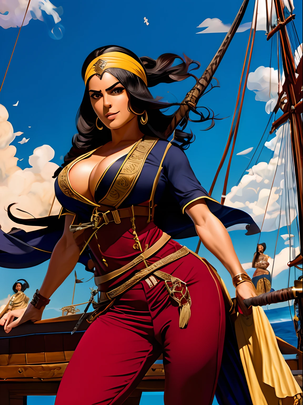 (SFW)Inspirado na arte de John Buscema,1mulher pirata, cabelos longos negros, headband red, olhos negros, corpo delgado, middlebreasts, arrogante, wearing shirt with buttons, Manga comprida, cinto com fivela exagerada, tight dress pants, Botas Bucaneiro, sensual, Striking a superior pose with two sharp swords in his hands, on the deck of a pirate ship, cena detalhada, cena perfeita,(SFW)