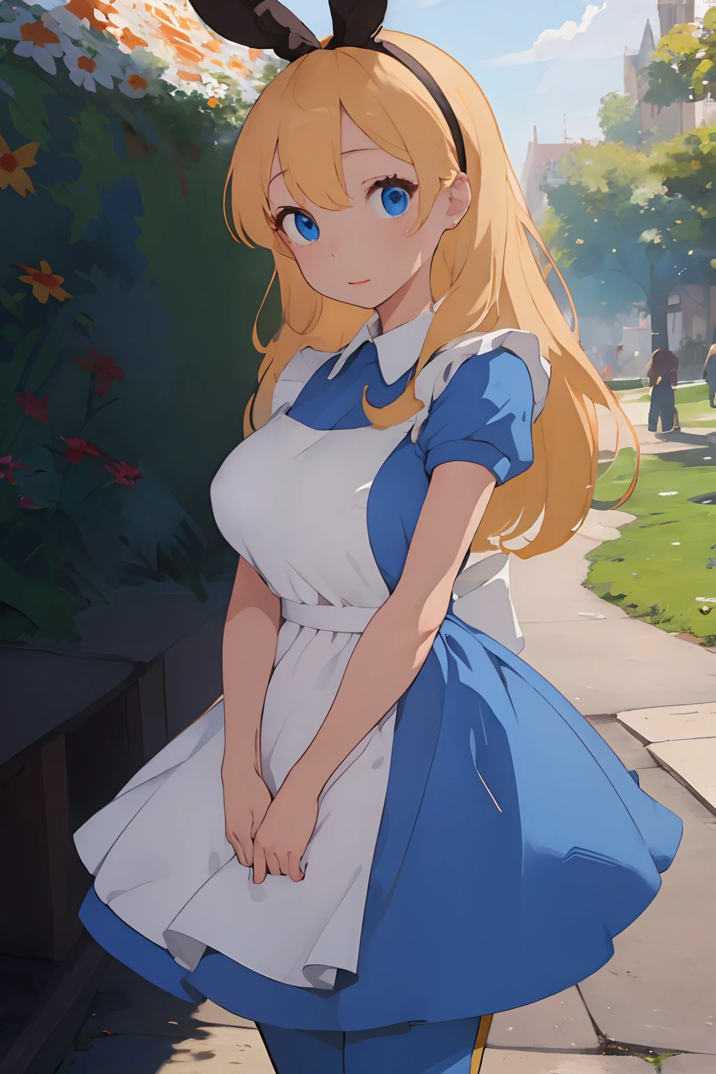 (masterpiece、top-quality;1.3)、ighly detailed、1girl in、looking at the viewers、POV、multiple_Girls、3女の子、in group photograph、naturey、alice liddell、is standing、a blue dress、White Apron、Black Hair Band、Blonde long hair、bunny rabbit、big breast beauty、I can see the pants、bra very