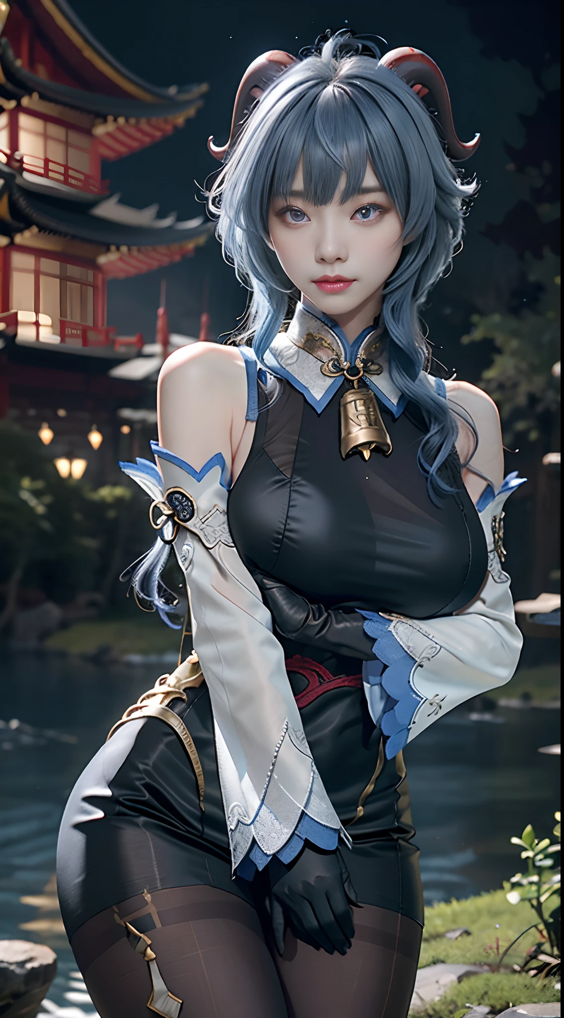 Masterpiece, (Photorealistic:1.5), Best quality, Beautiful lighting, Real life, Ganyu \(Genshin Impact\), 1girll, ahoge, architecture, bangs, Bare shoulders, bell, Black gloves, Black pantyhose, (Blue hair), Blush, Breasts, Chinese knot, Detached sleeves, east asian architecture, flower knot, mitts, Horns, Long hair, view the viewer, Medium breasts, Neckbells, Night, Outdoors, Pantyhose, Purple eyes, side locks, Solo, nipple tassels, White sleeves, (Ulzzang-6500:0.5) , Intricate, High detail, Sharp focus, Dramatic, Beautiful girl , (RAW photo, 8K UHD, filmgrain), Caustics, Subsurface scattering, Pondering ,