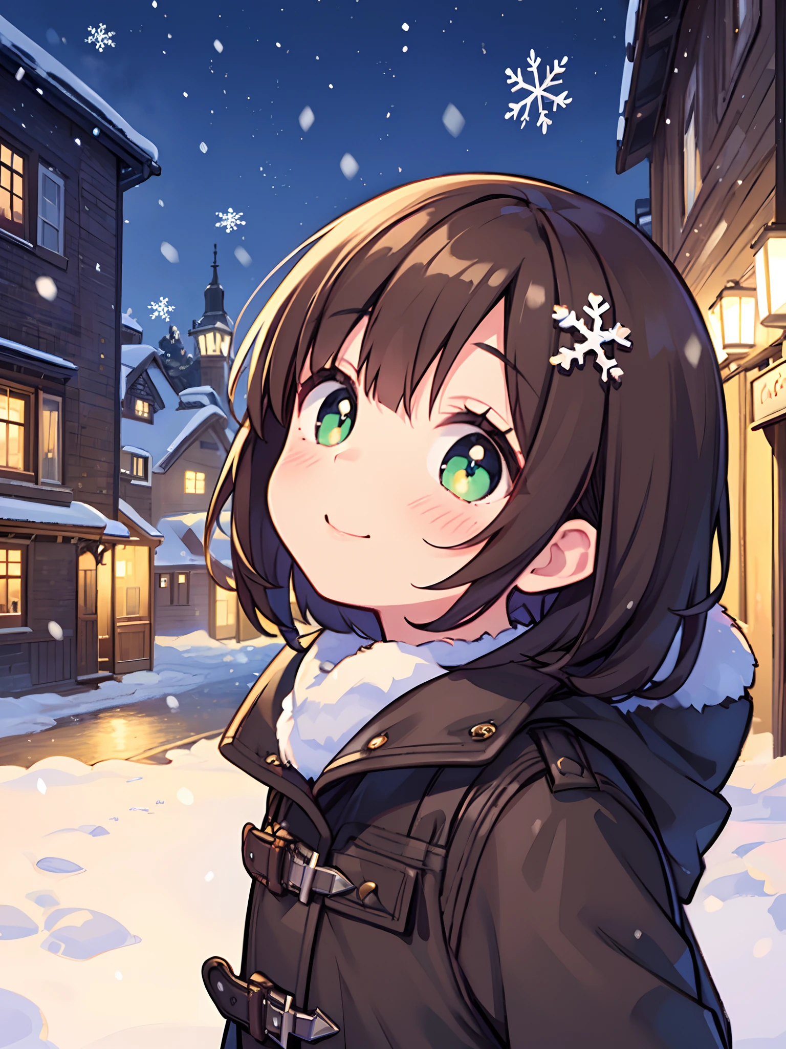 (masterpiece), (best quality), illustration, 1girl, solo, focus on the face, (looking up), brown hair, short hair, snowflake-shaped hair ornament, green eyes, pupils sarkling, innocent smile, blush, coat, outdoor, city, snow, winter, cobblestone road, (light particles)