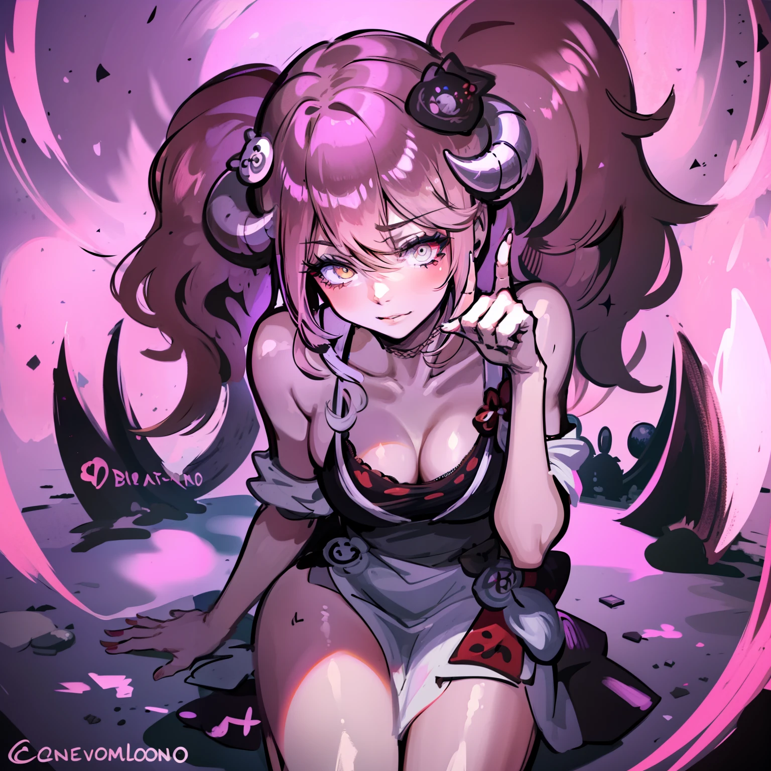 A female demon with cat ears, Elf ears and black demon horn, ((orelhas de elfo)), ((demon horn)), (orelhas de gato)), cabelo cor-de-rosa extremamente longo, ((Cabelo cor-de-rosa)), White eyes of the demon, ((olhos brancos)), vestido de gala preto longo volumoso e lindo molhado, Dirty beach with glass and garbage on the abandoned ground and with corvus.