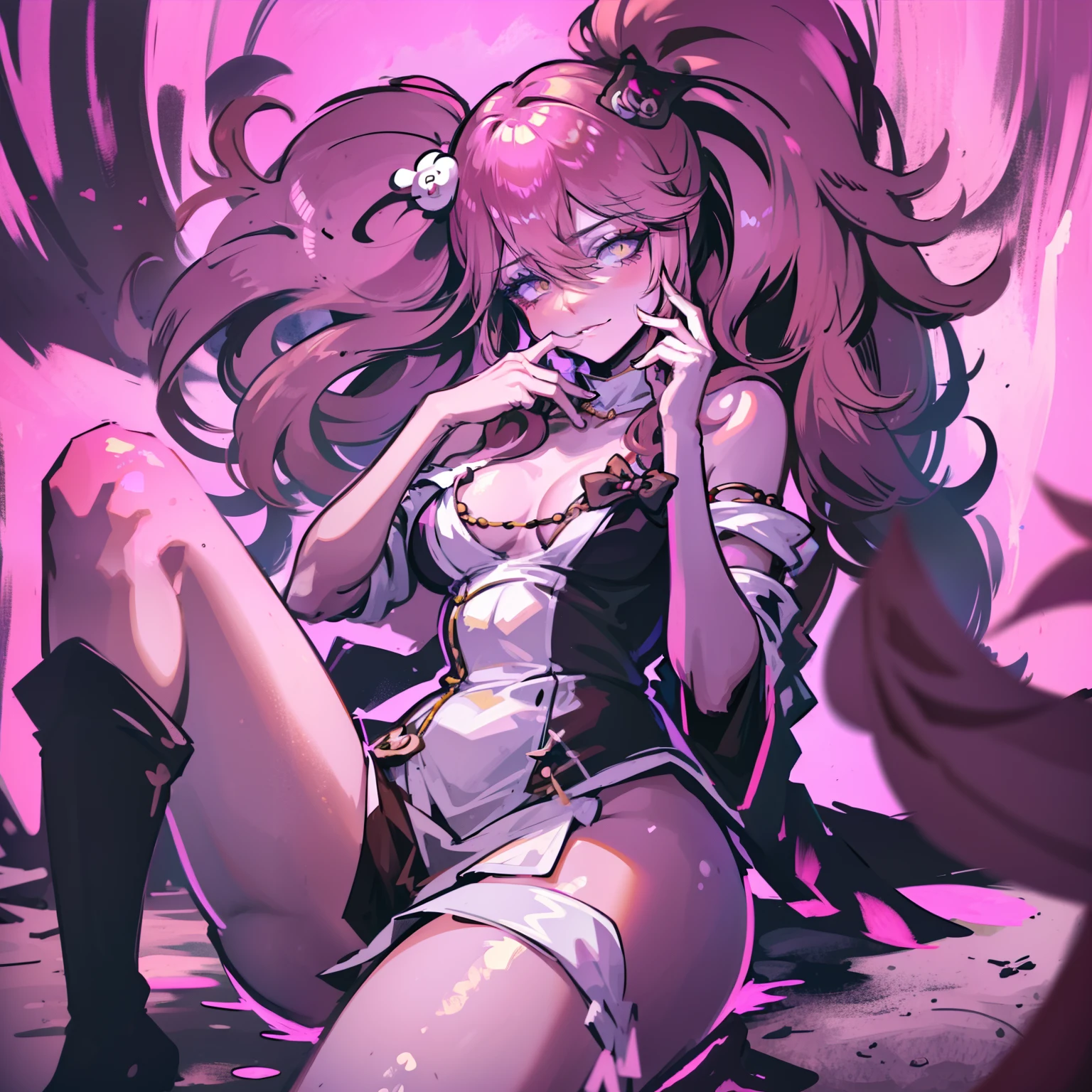 A female demon with cat ears, Elf ears and black demon horn, ((orelhas de elfo)), ((demon horn)), (orelhas de gato)), cabelo cor-de-rosa extremamente longo, ((Cabelo cor-de-rosa)), White eyes of the demon, ((olhos brancos)), vestido de gala preto longo volumoso e lindo molhado, Dirty beach with glass and garbage on the abandoned ground and with corvus.