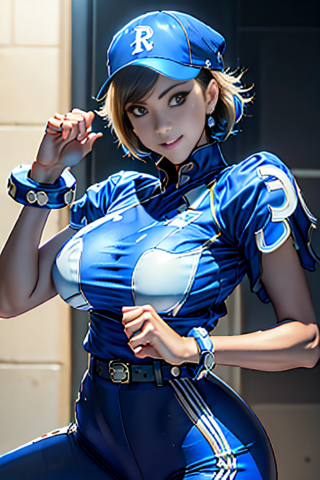 Unreal Engine 5 Realistic Rendering, Excellent, Woman in her 20s, chun-li, gorgeous, (perfect face), defined chin, beautiful deep brown eyes, beautiful lips, (short brown hair, bun, double bun), (perfect anatomy), (athletic body), (sexy), (thick thighs), (perfect hands), (blue cheongsam), blue tights, pointed bracelets, looking at the viewer, (full mid-plane photograph), (fight arena background), realistic, street fudo chinese trade, walking down hallway of hideaway, beautiful face, makeup, (photorealism:1.2), ultrarealistic uhd face, (huge fake boobs:1.4), (gigantic breasts:1.1) nipple slip, (muscle abs), (wide hips), (thick thighs), slim waist, hourglass figure, voluptuous, shiny body, ((she is wet)), (((cum_on_breast))), photorealistic, bokeh, masterpiece, highres, 1080P, UHD.