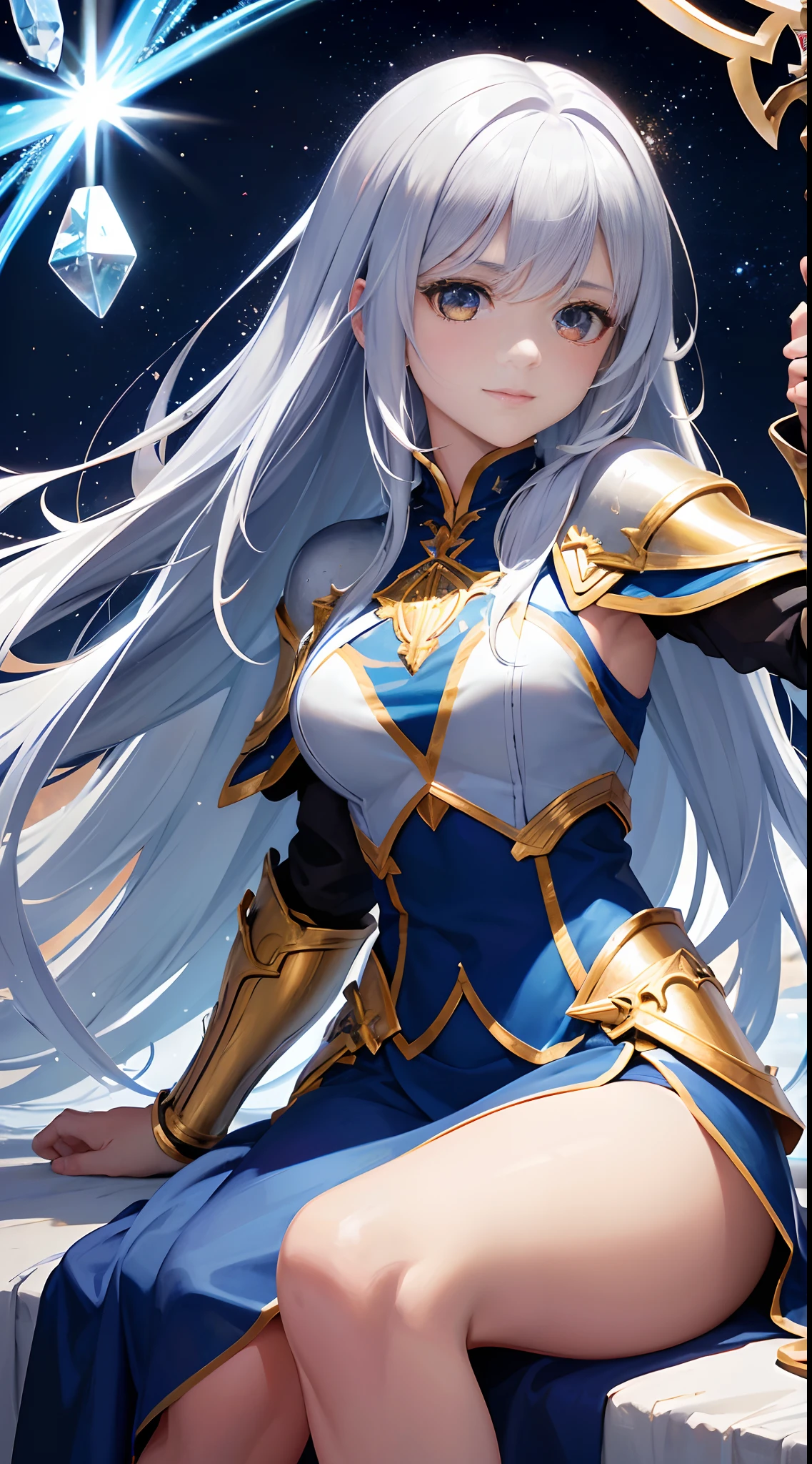 Full Body, Silver-haired young girl, golden eyes, angelic body and face, and a blue crystal armor with a mini skirt, wield a spear, wear a cloak, shield, and golden circlet, sitting on the throne of blue heaven, white seraphic wings, dusk, and dawn background scene, the magic circle with a diamond star, innocent smile, stable diffusion v5, anime style v3, lora style v5, dynamic, image enhance, dream shape, vibrant, realistic face, 32k resolution, upscale, sharp focus, best quality, masterpiece, ghostmix, flat color, flat light.