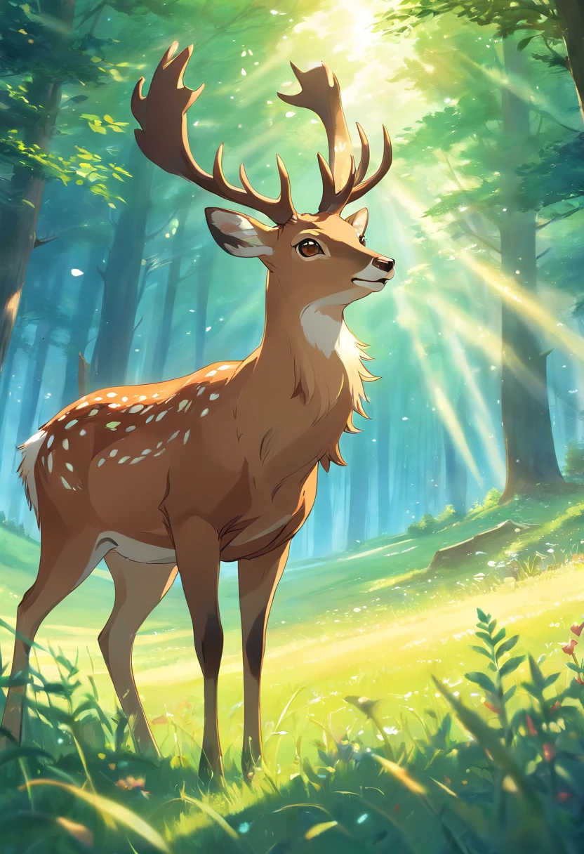 a detailed anime drawing of a brown deer that gives off a aura of grace with large heart-shaped antlers and green eyes dashing through a meadow by itself