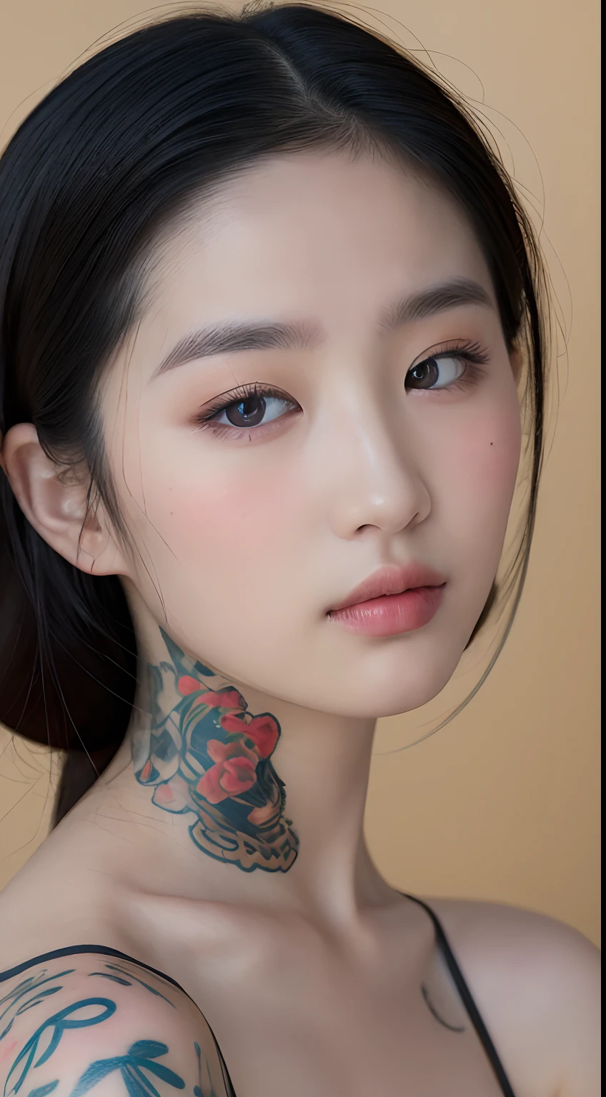 ((Best quality, 8k, Masterpiece :1.3)), Sharp focus:1.2 Two Korean 18 years old. Detailed texture of a tattooed face. Tattooed cheek detail_mix4, 20d, solo, photo-realistic:1.37