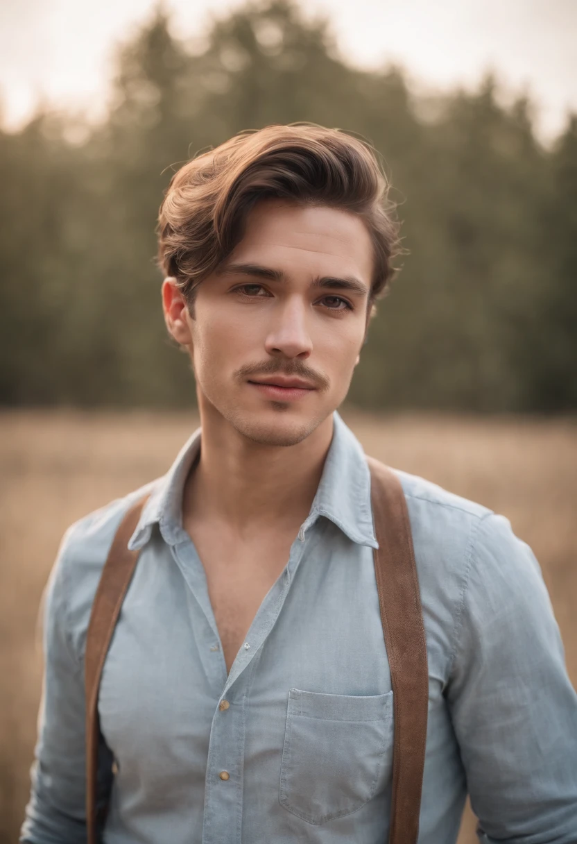 Photorealistic portrait of a man in his 20s in rancher's clothes in a tanned shirt, Suspenders and blue jeans, Photorealistic, Natural hair, Natural face, mustache, sideburns, , Hyper Detailed, The sun was beaten, dirty.