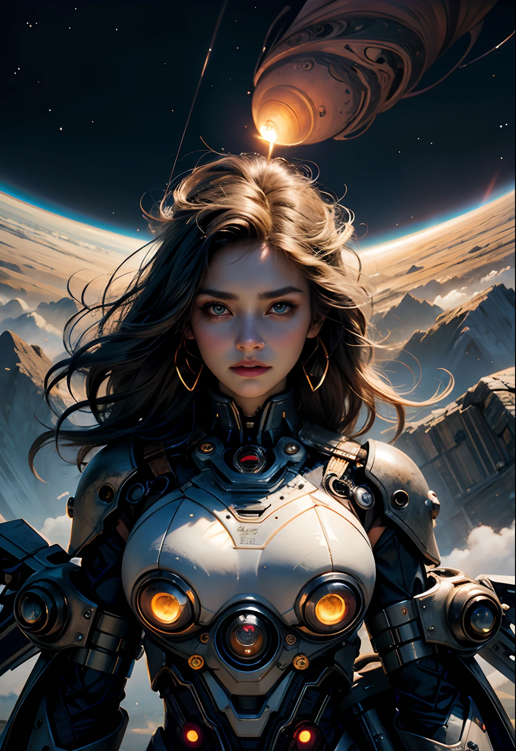 （tmasterpiece，top Quority，best qualtiy，offcial art，Beauty and aesthetics：1.2），（1girl），Extremely detailed，（s fractal art：1.3），extremely colorful，The most detailed and realistic visuals，attractive beautiful，dramatic contrast，Gentle lighting，Delicate warmth，the soft light，hyper HD，
Extremely colorful，best qualityer，perfect female shape，HighDynamicRange，long eyelasher，Unbeatable masterpiece，Snow-whiteskin，putting makeup on，
Sexy goddess，Large metal mechanical gears，Strange sky，8K high quality，A pair of big eyes are beautiful and moving，White skin，Makeup，Sexy outfit，
【Background with】Large gold gear，Doomsday ruins，Giant tornado，The setting sun burns the clouds，Multiple planets，The end of the world，Multiple planets，Mards，Jupiter，Lightning Thunder，
Mercury，Strange sky，Giant tornado，Blue light，salama，Large flying machines，Cool car，Time Tunnel，nuclear power plant，Futuristic car，Cool headlight wind。Mechanical pets。