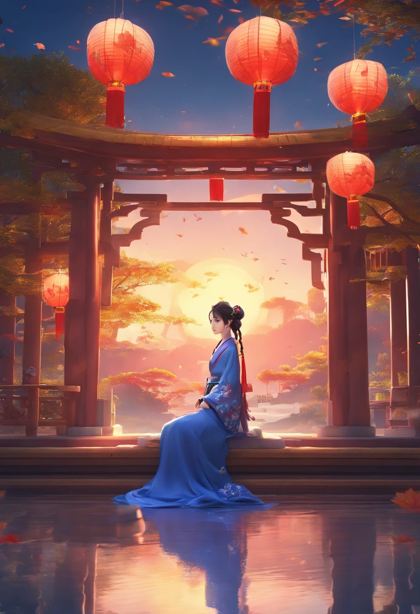 offcial art, Unity 8k wallpaper, Ultra detailed, Beautiful and aesthetic, Masterpiece, Best quality, (Fire, water, ribbon, paper cut out), (Fractal art:1.3) 1girll,Building, (Solo:1.5), Chinese_clothes, sky, Outdoors, Wide_Sleeves, black_Hair, Sunset, (Falling_Leaves:1.2), lantern, (Paper_lantern:1.5),Blue sky, (Outdoors:1.5),Hanfu, (rainbow-candy:0.8), (style-swirlmagic:0.8),