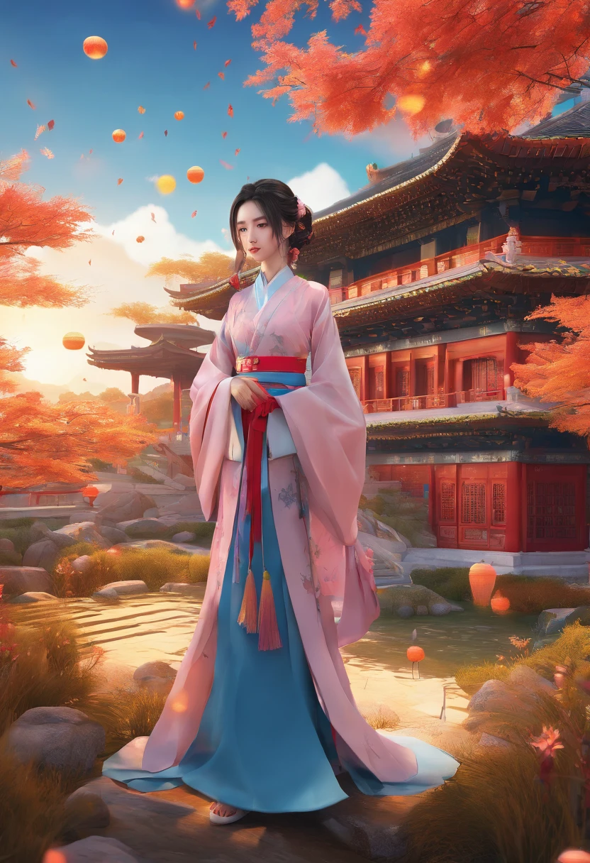 offcial art, Unity 8k wallpaper, Ultra detailed, Beautiful and aesthetic, Masterpiece, Best quality, (Fire, water, ribbon, paper cut out), (Fractal art:1.3) 1girll,Building, (Solo:1.5), Chinese_clothes, sky, Outdoors, Wide_Sleeves, black_Hair, Sunset, (Falling_Leaves:1.2), lantern, (Paper_lantern:1.5),Blue sky, (Outdoors:1.5),Hanfu, (rainbow-candy:0.8), (style-swirlmagic:0.8),