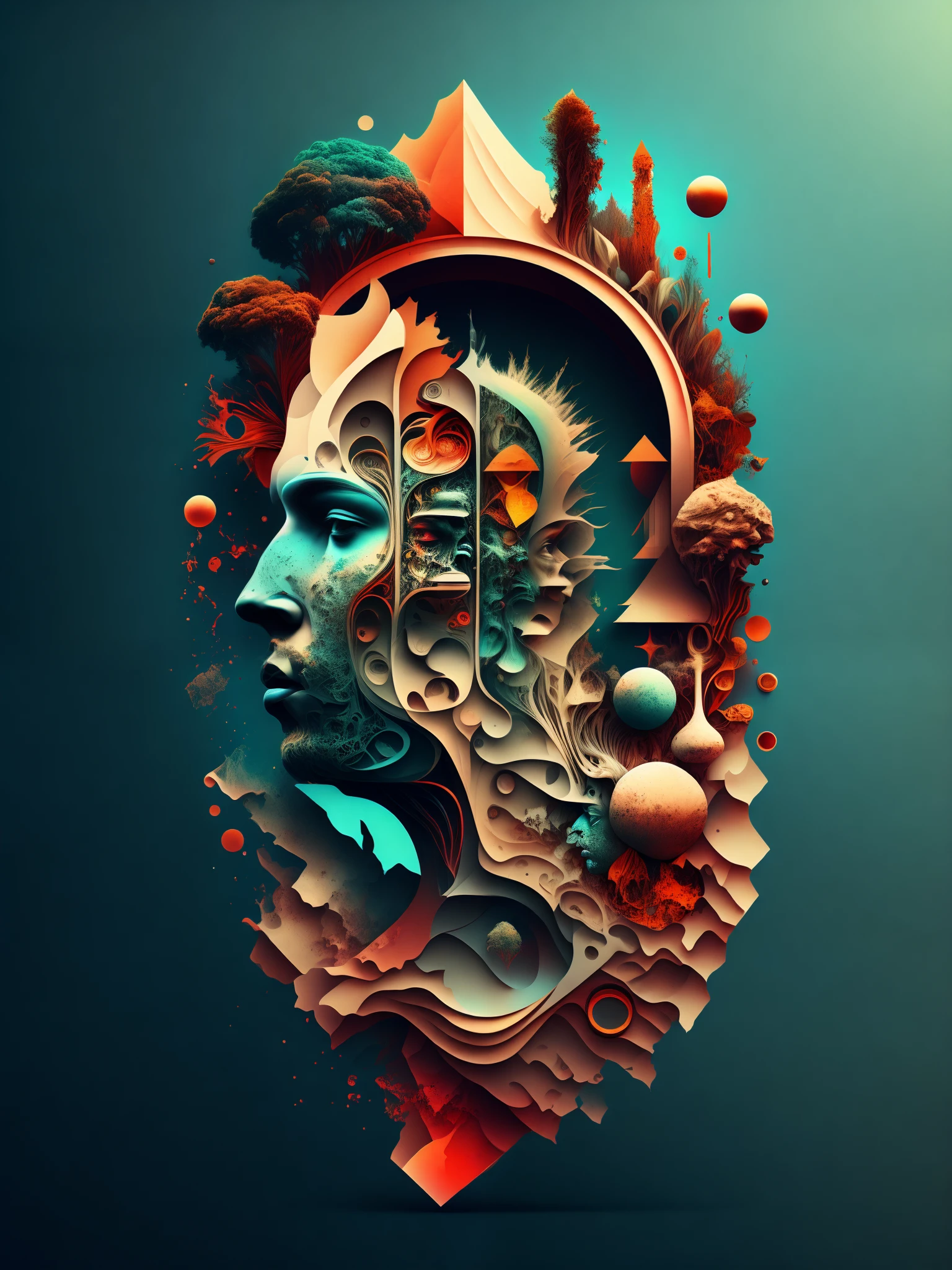 a stylized image of a man's head with many different things in it