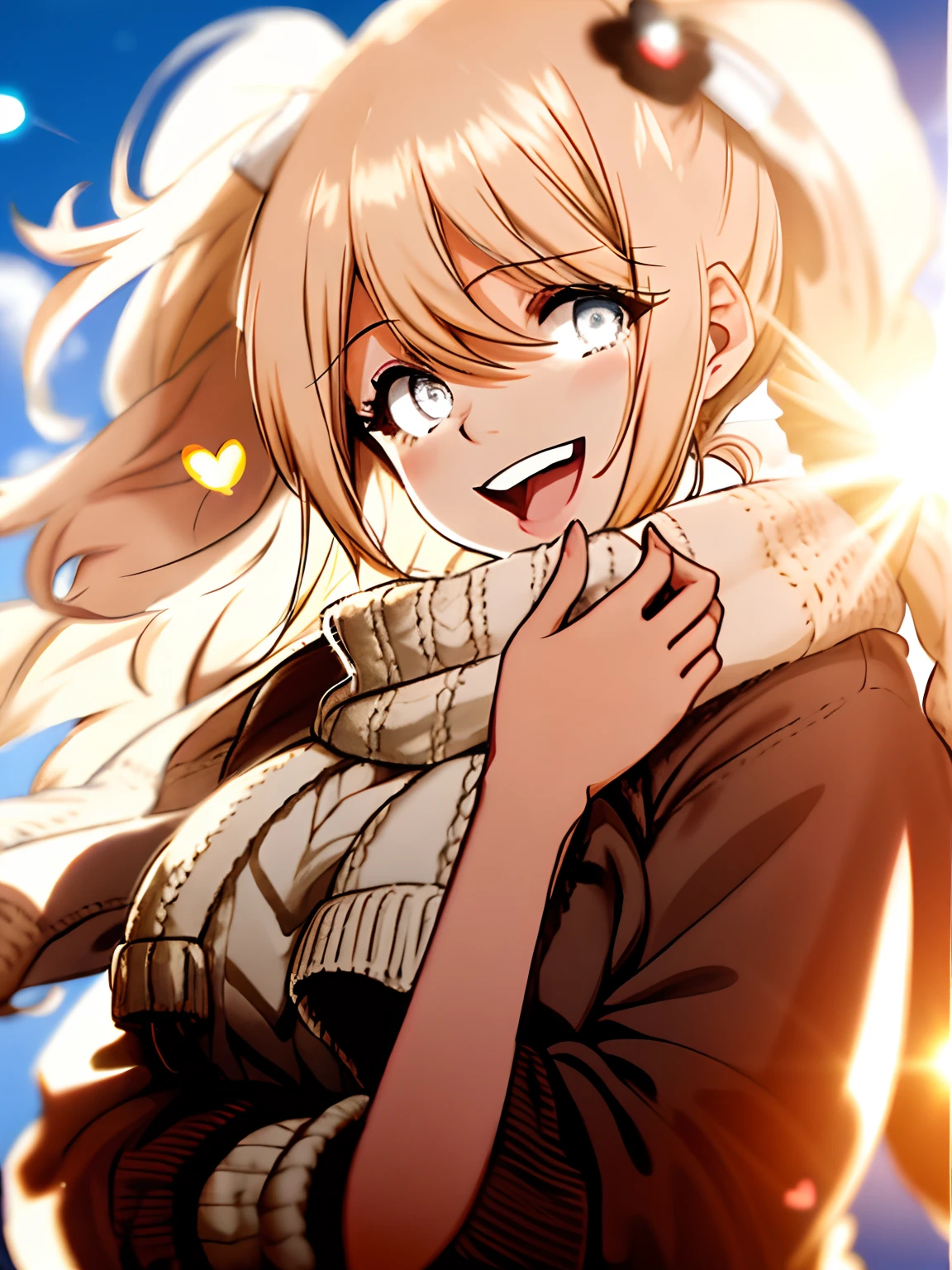 a girl, cosy sweater on, upper body, (huge Laughing:1.1), (open mouth:1.1), (wide open eyes:1.2), sun glare, bokeh, depth of field, blurry background, light particles, strong wind, (heart particles:1.1)