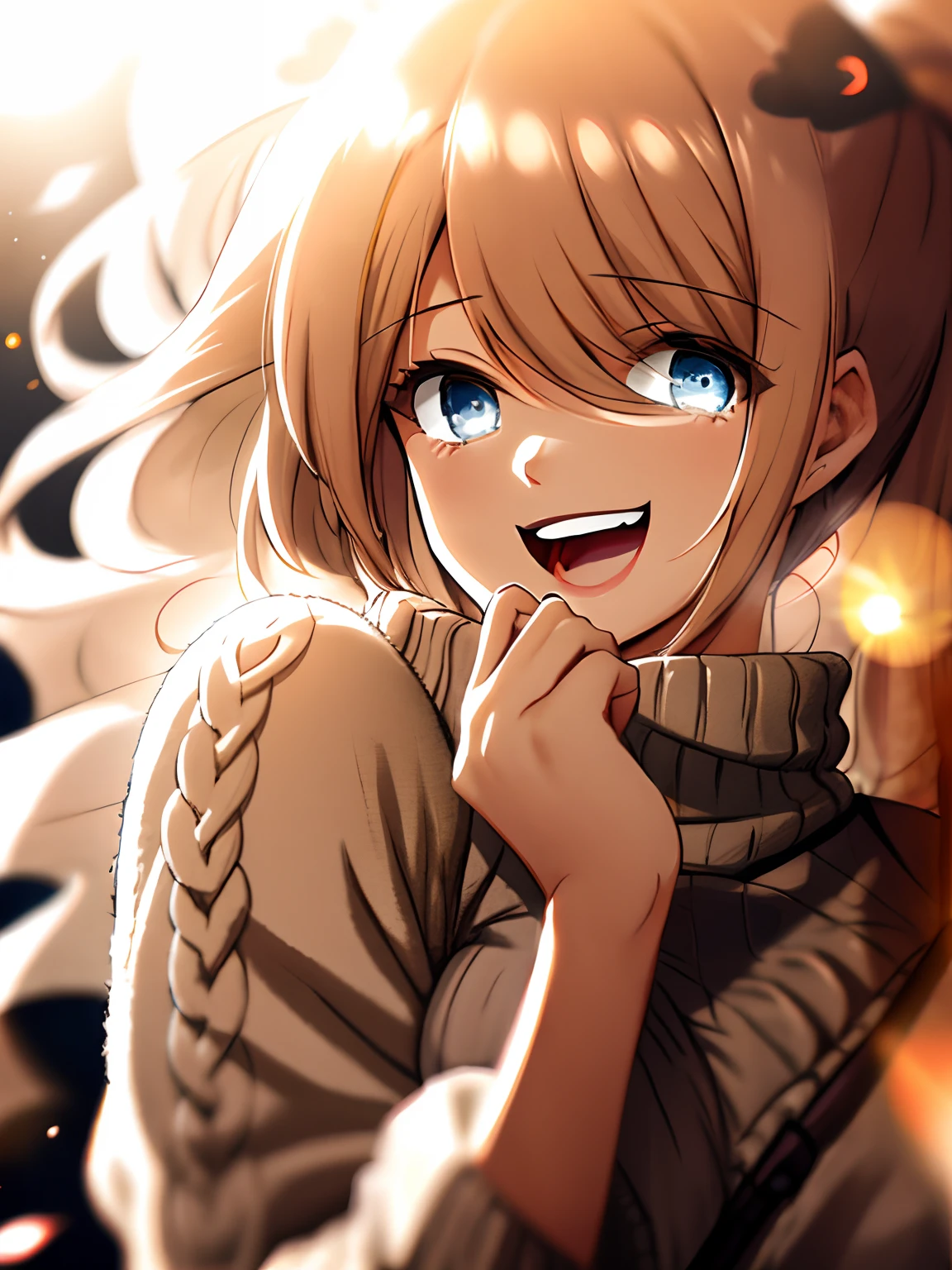 a girl, cosy sweater on, upper body, (huge Laughing:1.1), (open mouth:1.1), (wide open eyes:1.2), sun glare, bokeh, depth of field, blurry background, light particles, strong wind, (heart particles:1.1)