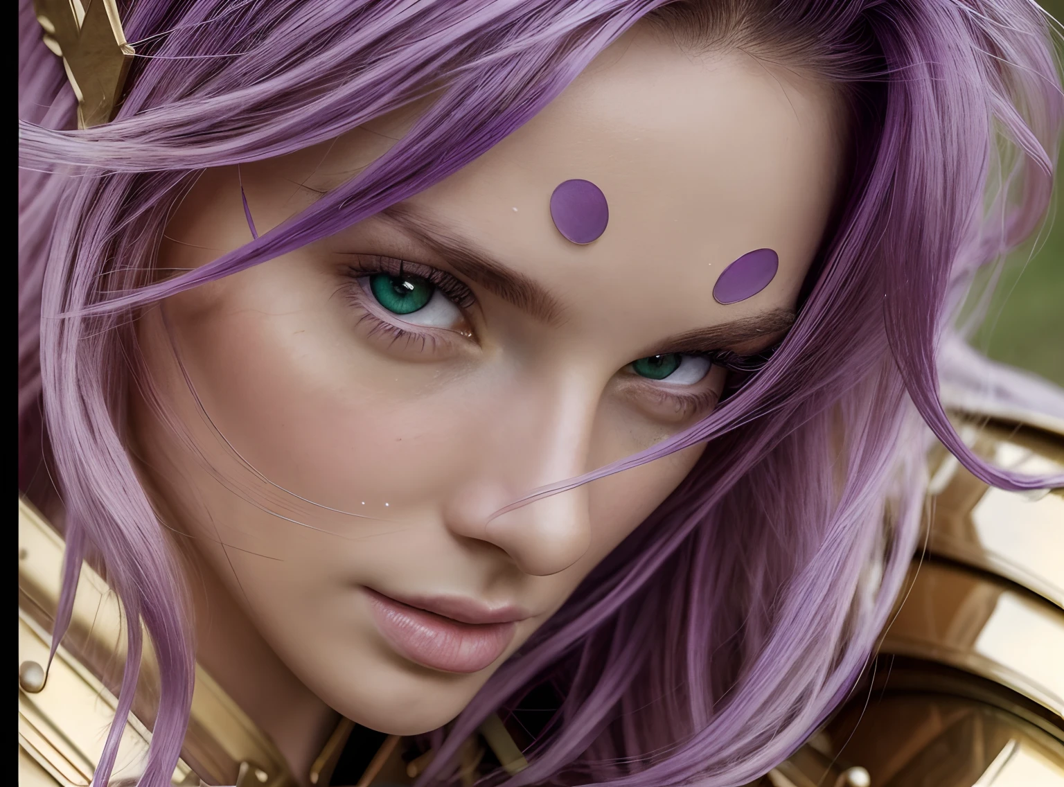 (masterpiece), (best quality), of a (beautiful) (man), closeup portrait, beautiful man, 1boy, 30 years old, green eyes, open eyes, big eyes, detailed face, beautiful face, (no eyebrows),(male traces), ((man features)), wearing golden armor, detailed armor, purple hair, long hair, straight hair, hair blowing in the wind, noble, radiant, white skin, dramatic lighting, 4k, hdr, detailed skin, bands, (eyebrow less) (((no eyebrows))).