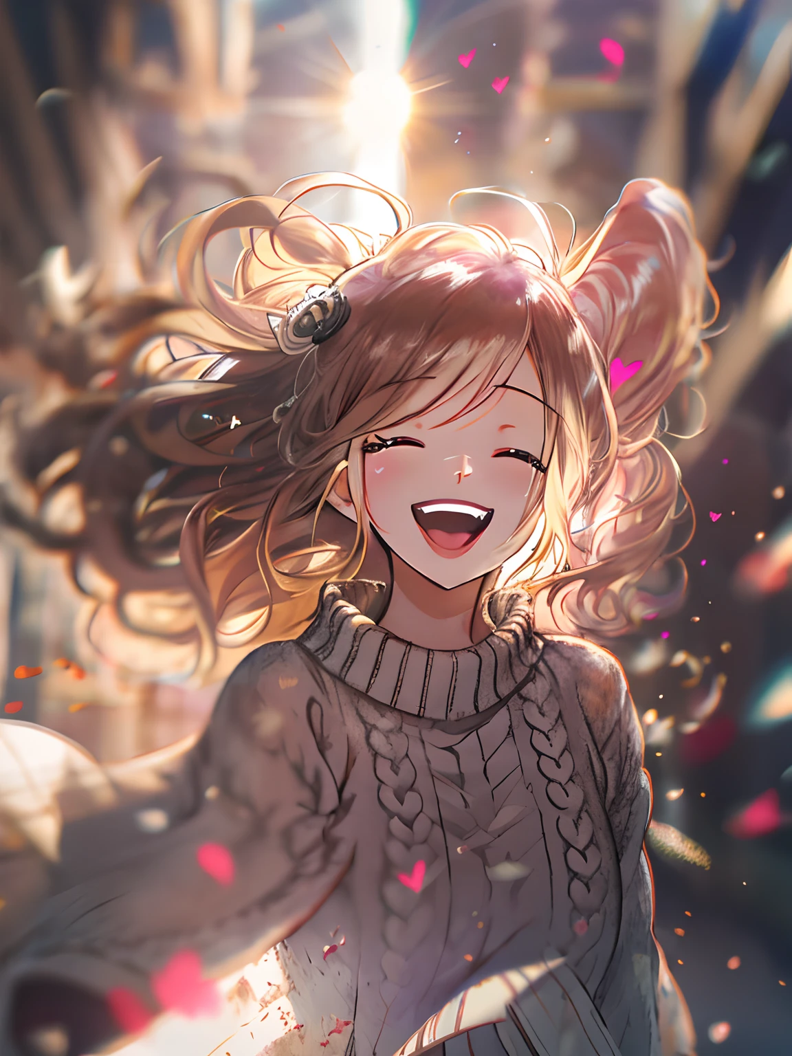 a girl, cosy sweater on, upper body, (huge Laughing:1.1), (open mouth:1.1), (wide open eyes:1.2), sun glare, bokeh, depth of field, blurry background, light particles, strong wind, (heart particles:1.1)