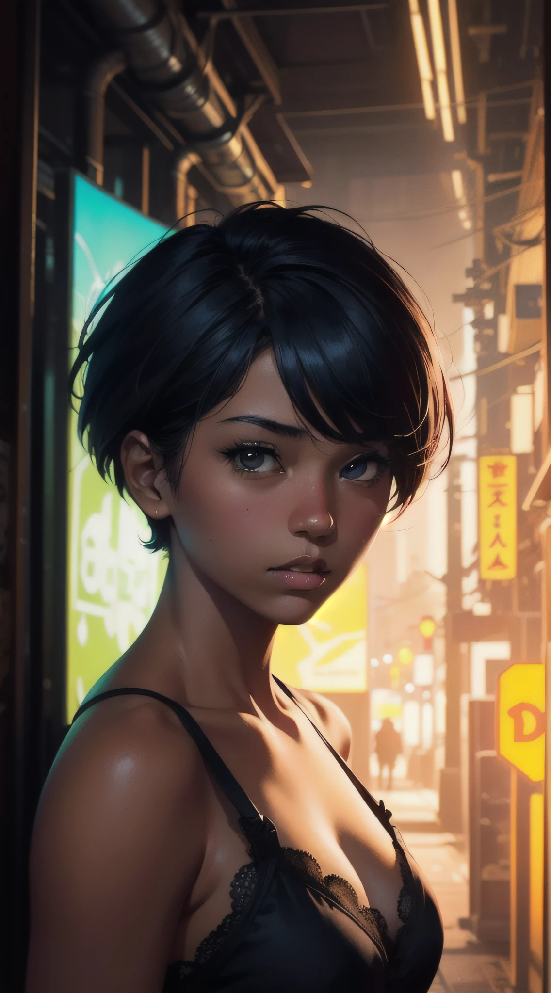 Dark-skinned tomboy girl with cut hair, Illustrated by Aoiro Studio and Masaaki Komori, hyper detailed, neons, lighting cinematic, peinture mate, illustrated in an oil painting style, Tendances sur ArtStation, Art contemporain, Surreal and dreamlike atmosphere.