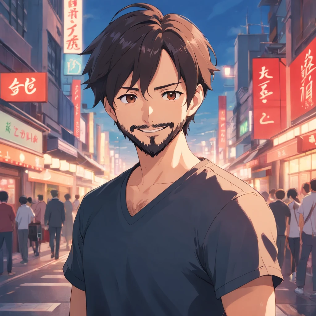 (Front view:1.4),Groomed beard,40-year-old dandy man,Composition of the upper body,Makoto Shinkai's painting style,japanes,(A smile:1.3),Ridicule,A tall man,a beard, Delicate facial features like an actor,Short-haired true black hair, (Black Y-shirt:1.4), Intense muscles, eyes are brown, Single-color background、Solid background color, Blurry background ,Red background