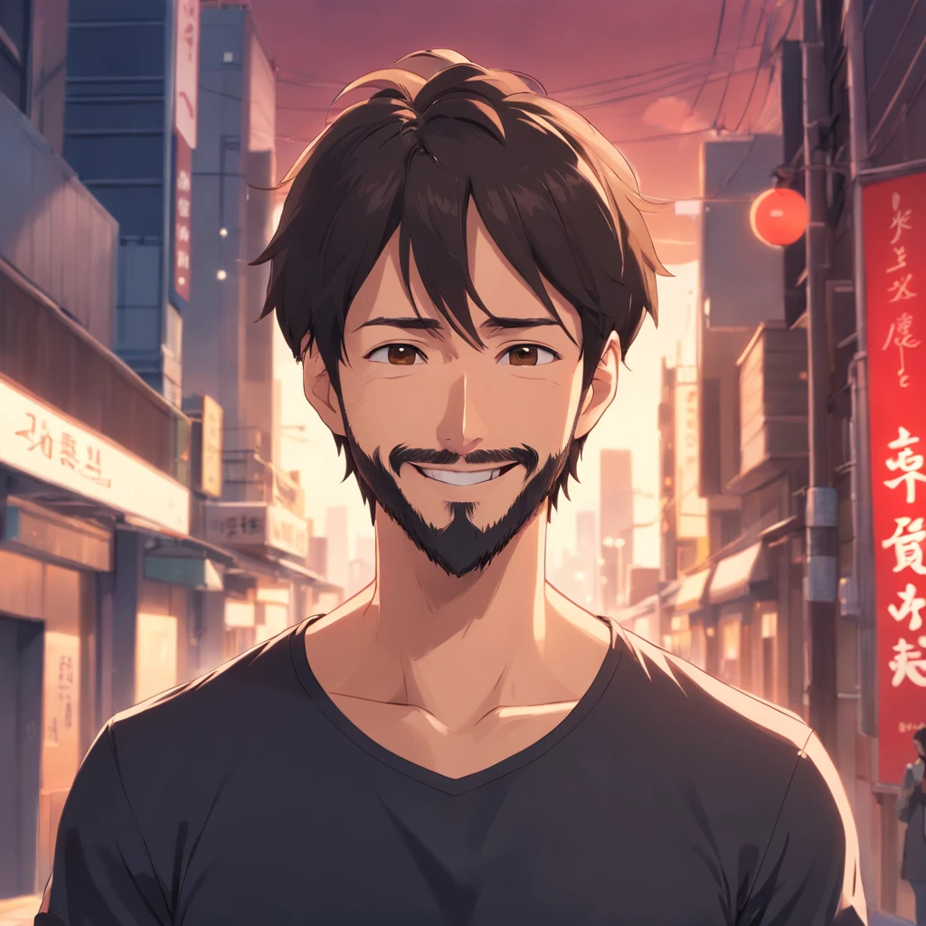 (Front view:1.4),Groomed beard,40-year-old dandy man,Composition of the upper body,Makoto Shinkai's painting style,japanes,(A smile:1.3),Ridicule,A tall man,a beard, Delicate facial features like an actor,Short-haired true black hair, (Black Y-shirt:1.4), Intense muscles, eyes are brown, Single-color background、Solid background color, Blurry background ,Red background