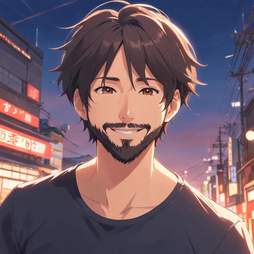 (Front view:1.4),Groomed beard,40-year-old dandy man,Composition of the upper body,Makoto Shinkai's painting style,japanes,(A smile:1.3),Ridicule,A tall man,a beard, Delicate facial features like an actor,Short-haired true black hair, (Black Y-shirt:1.4), Intense muscles, eyes are brown, Single-color background、Solid background color, Blurry background ,Red background