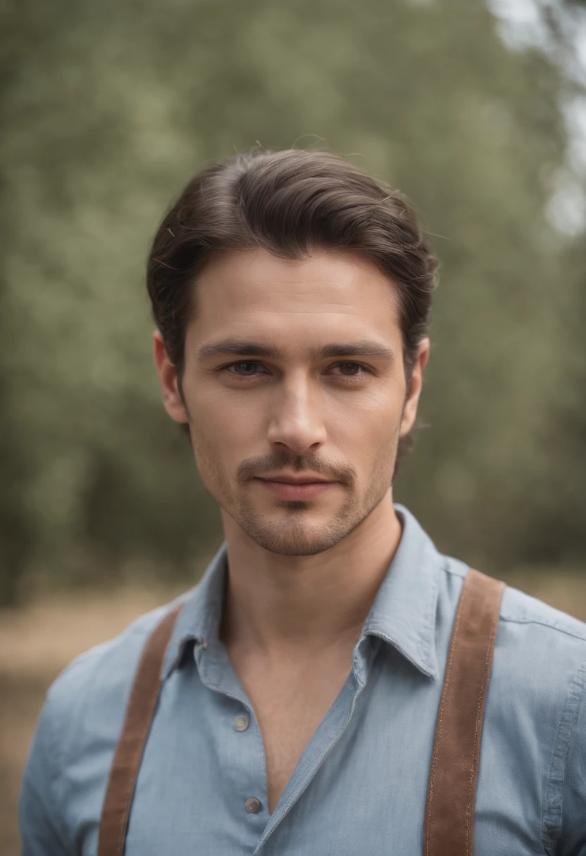 Photorealistic portrait of man in his 30s wearing rancher's clothes in tanned shirt, Suspenders and blue jeans, Photorealistic, Natural hair, Natural face, mustache, sideburns, , Hyper Detailed, The sun was beaten, dirty.The long-haired
