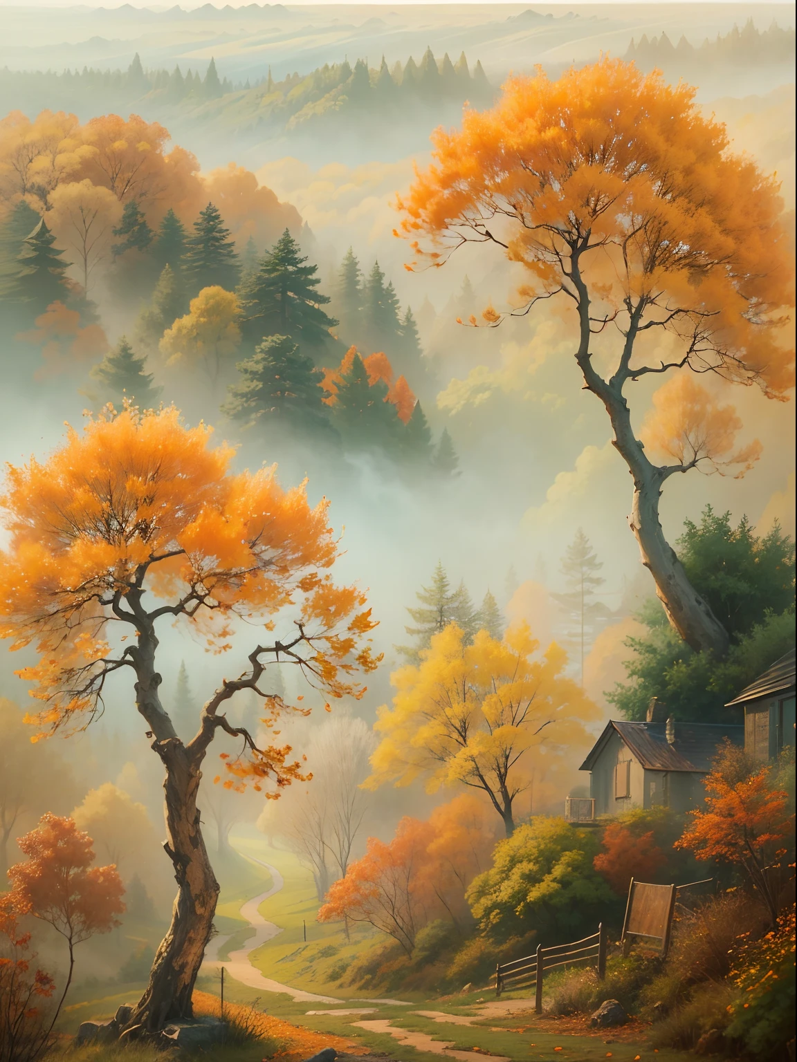Beautiful view of autumn,Ancient golden ginkgo trees in the distance,Lonely atmosphere,Early morning fog ,dream magical,Beautiful,oil painted