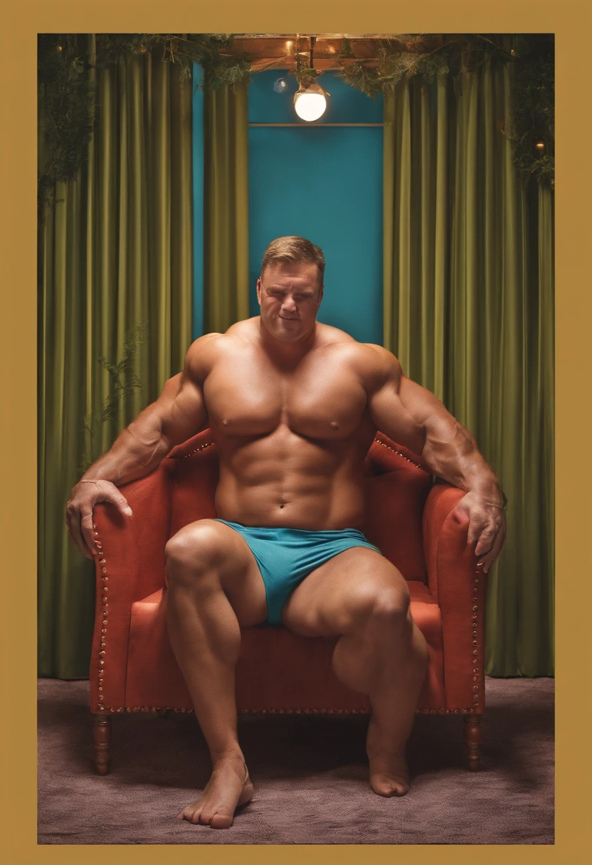 Big bodybuilder man, crying in a baby crib
