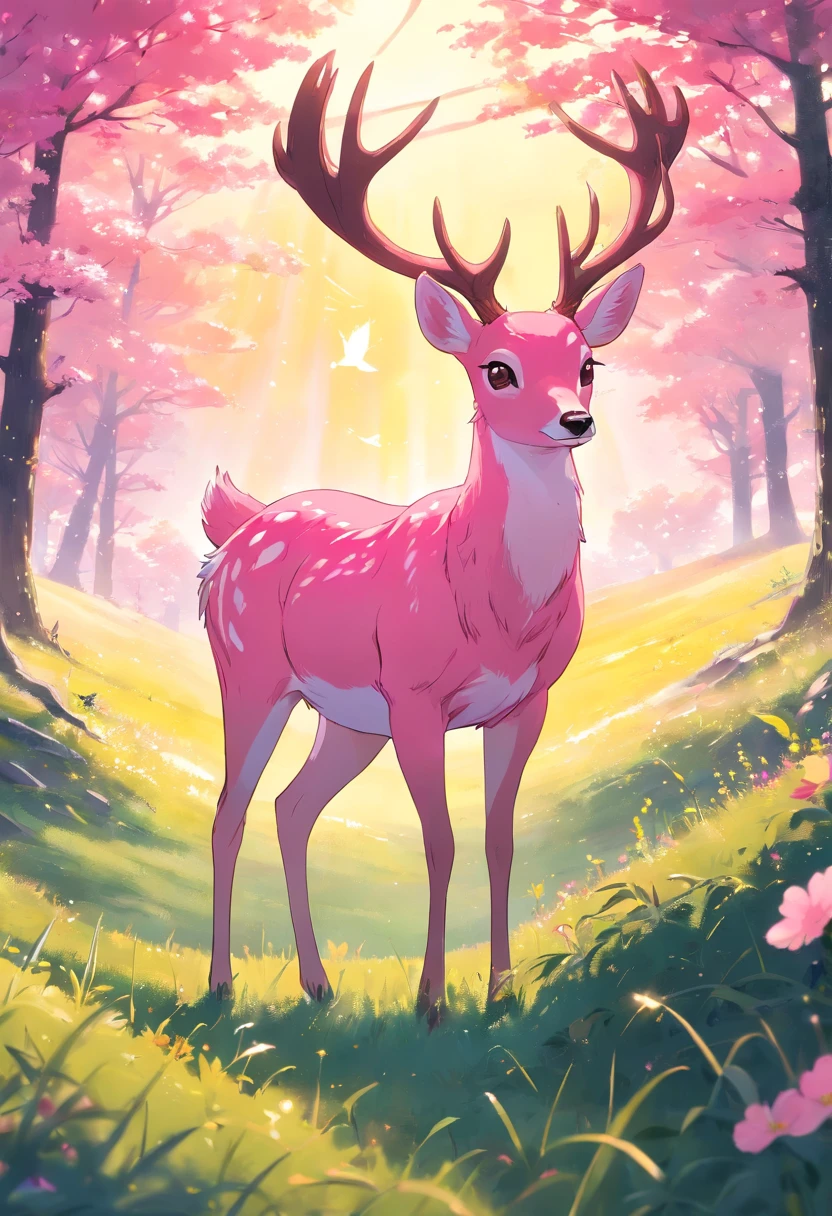 a detailed anime drawing of a ((pink)) deer with yellow eyes that gives off a aura of grace with large heart-shaped antlers dashing through a meadow by itself