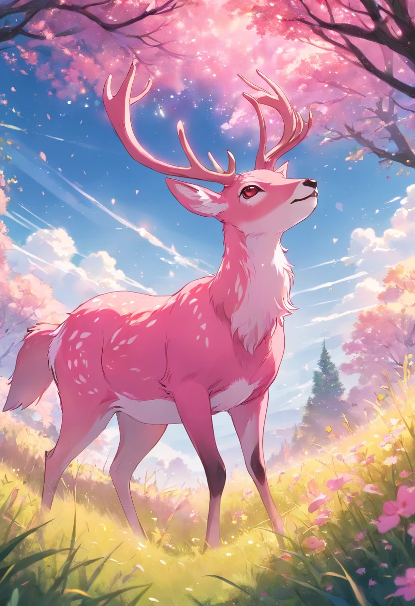 a detailed anime drawing of a ((pink)) deer with yellow eyes that gives off a aura of grace with large heart-shaped antlers dashing through a meadow by itself