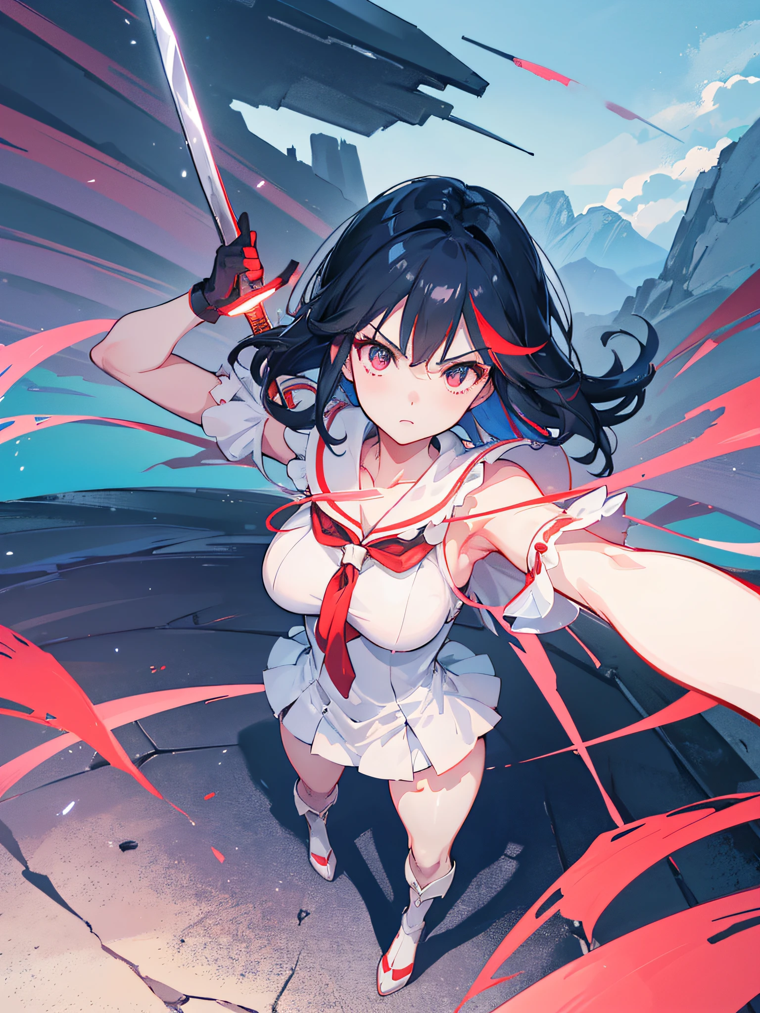 Ryuko Matoi, using her costume and her sword, special swit mode, reflections, badass stance, full body, photography, (ultra-realistic), {extremely detailed 8k CG unit wallpaper}, expansive landscape photography, (a view from below that prioritizes the character and the setting, wide view of the open field), (low angle photo), (high light: 1.7), (low light: 1.0), (warm light source: 1.5), complex details, (iridescent colors: 1.7), (bright lighting), (atmospheric lighting), dreamy, magical, Anime Kill la Kill