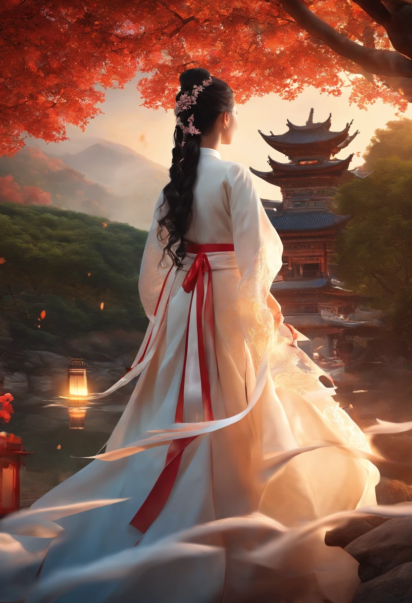 offcial art, Unity 8k wallpaper, Ultra detailed, Beautiful and aesthetic, Masterpiece, Best quality, (Fire, water, ribbon, paper cut out), (Fractal art:1.3) 1girll,Building, (Solo:1.5), Chinese_clothes, sky, Outdoors, Wide_Sleeves, black_Hair, Sunset, (Falling_Leaves:1.2), lantern, (Paper_lantern:1.5),Blue sky, (Outdoors:1.5),Hanfu, (rainbow-candy:0.8), (style-swirlmagic:0.8),National style
