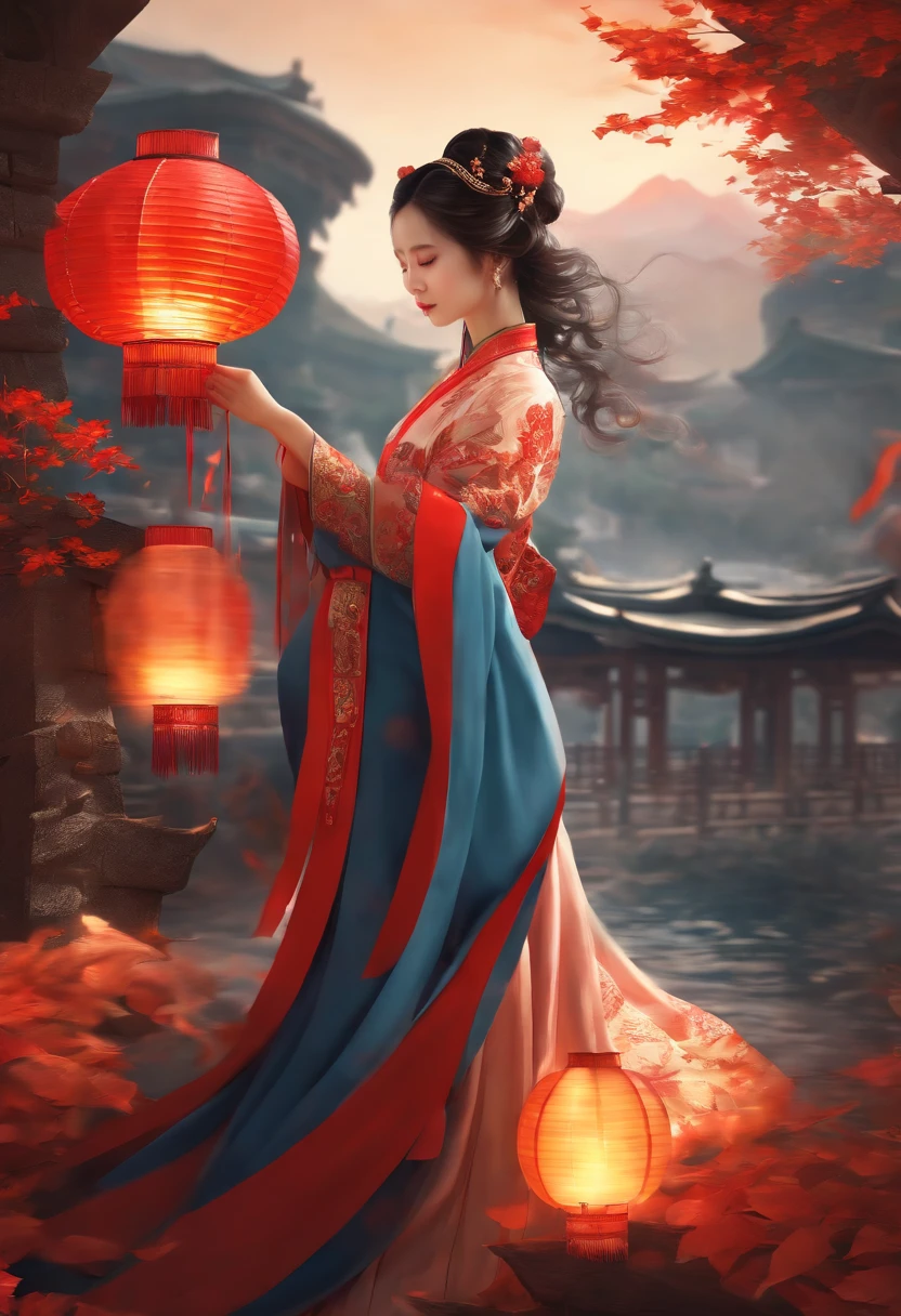 offcial art, Unity 8k wallpaper, Ultra detailed, Beautiful and aesthetic, Masterpiece, Best quality, (Fire, water, ribbon, paper cut out), (Fractal art:1.3) 1girll,Building, (Solo:1.5), Chinese_clothes, sky, Outdoors, Wide_Sleeves, black_Hair, Sunset, (Falling_Leaves:1.2), lantern, (Paper_lantern:1.5),Blue sky, (Outdoors:1.5),Hanfu, (rainbow-candy:0.8), (style-swirlmagic:0.8),National style