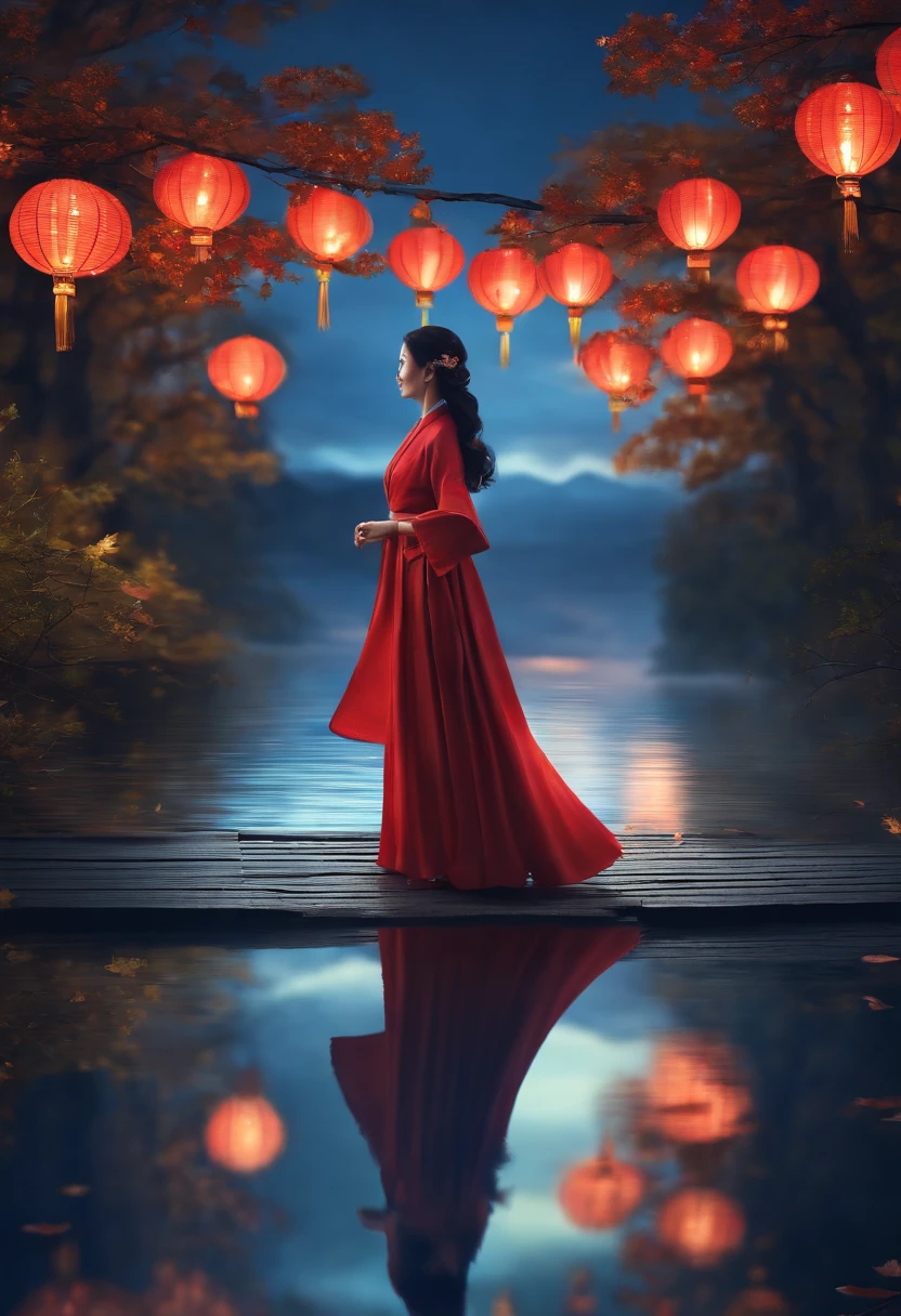 offcial art, Unity 8k wallpaper, Ultra detailed, Beautiful and aesthetic, Masterpiece, Best quality, (Fire, water, ribbon, paper cut out), (Fractal art:1.3) 1girll,Building, (Solo:1.5), Chinese_clothes, sky, Outdoors, Wide_Sleeves, black_Hair, Sunset, (Falling_Leaves:1.2), lantern, (Paper_lantern:1.5),Blue sky, (Outdoors:1.5),Hanfu, (rainbow-candy:0.8), (style-swirlmagic:0.8),National style