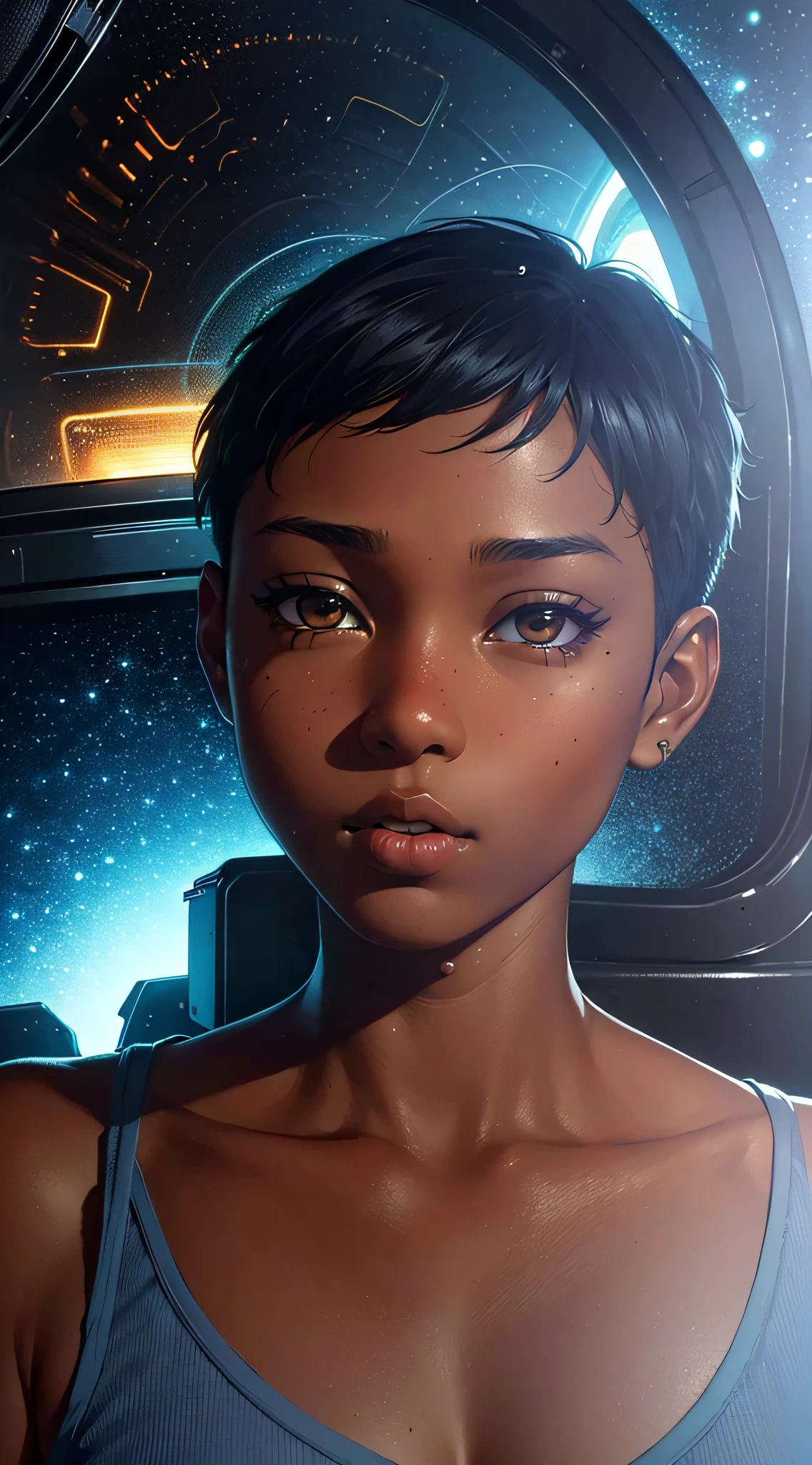 Dark-skinned tomboy girl with cut hair, Illustrated by Aoiro Studio and Masaaki Komori, hyper detailed, neons, lighting cinematic, peinture mate, illustrated in an oil painting style, Tendances sur ArtStation, Art contemporain, Surreal and dreamlike atmosphere.