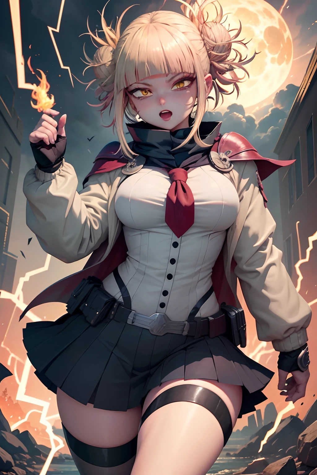 Imagine and describe a fused being formed by Toga Himiko, the chameleon-like villain from My Hero Academia, and Thor, the god of thunder from Marvel. It details how this combined entity takes on the appearance of a divine and sinister warrior, describing his clothing, face, and distinctive features. Then, explore the unique abilities and powers that this being possesses, how they use their shapeshifting and thunder control abilities,
