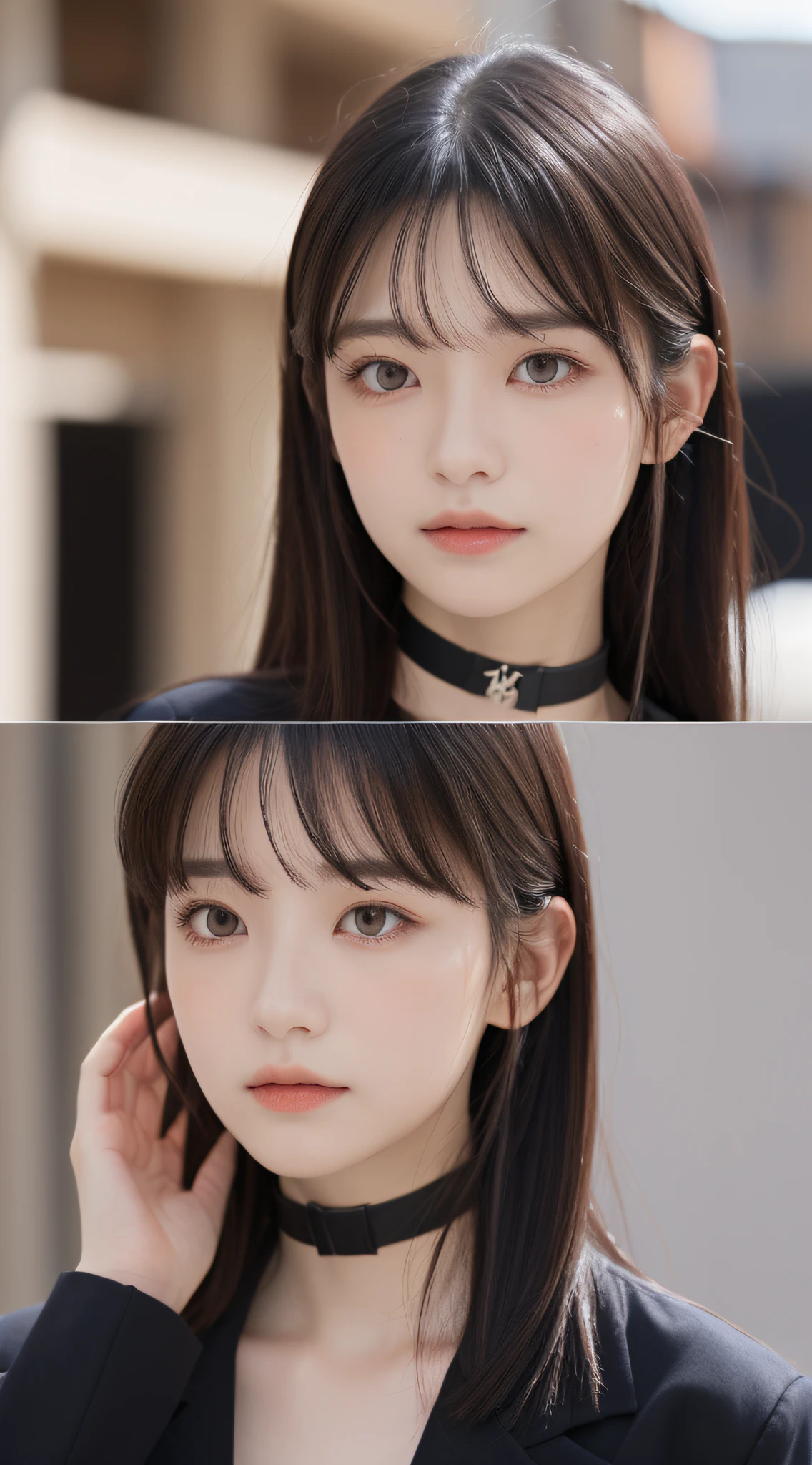 1 adult female, (up of face:1.5), Black hair, Blunt bangs, hair behind ear, hair over shoulder, Long hair, Ultra Fine Face, Thin face, Delicate lips, (beautidful eyes:1.5), thin blush, eyes are light brown,View here, (Hands hide), formal jackets, a choker ,Port Area ,One-person viewpoint, 8K, masutepiece, nffsw, Super Detail, High quality, Best Quality, hight resolution,