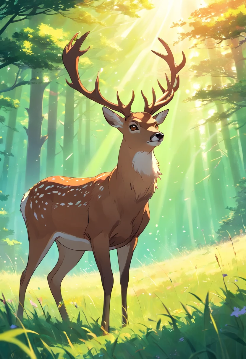 Detailed animated illustration of a brown deer exuding an aura of elegance, Big horns, Green eyes across the meadow