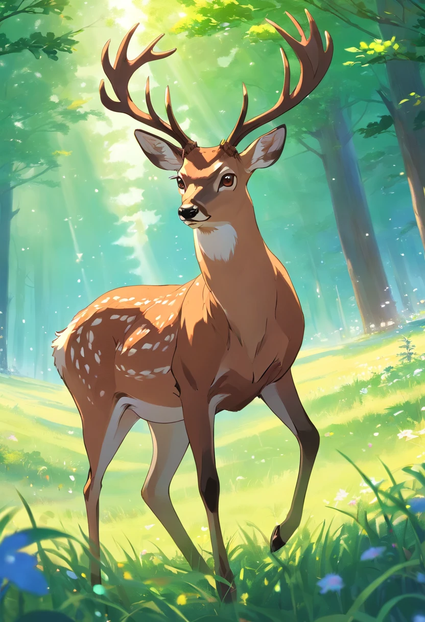 Detailed animated illustration of a brown deer exuding an aura of elegance, Big horns, Green eyes across the meadow