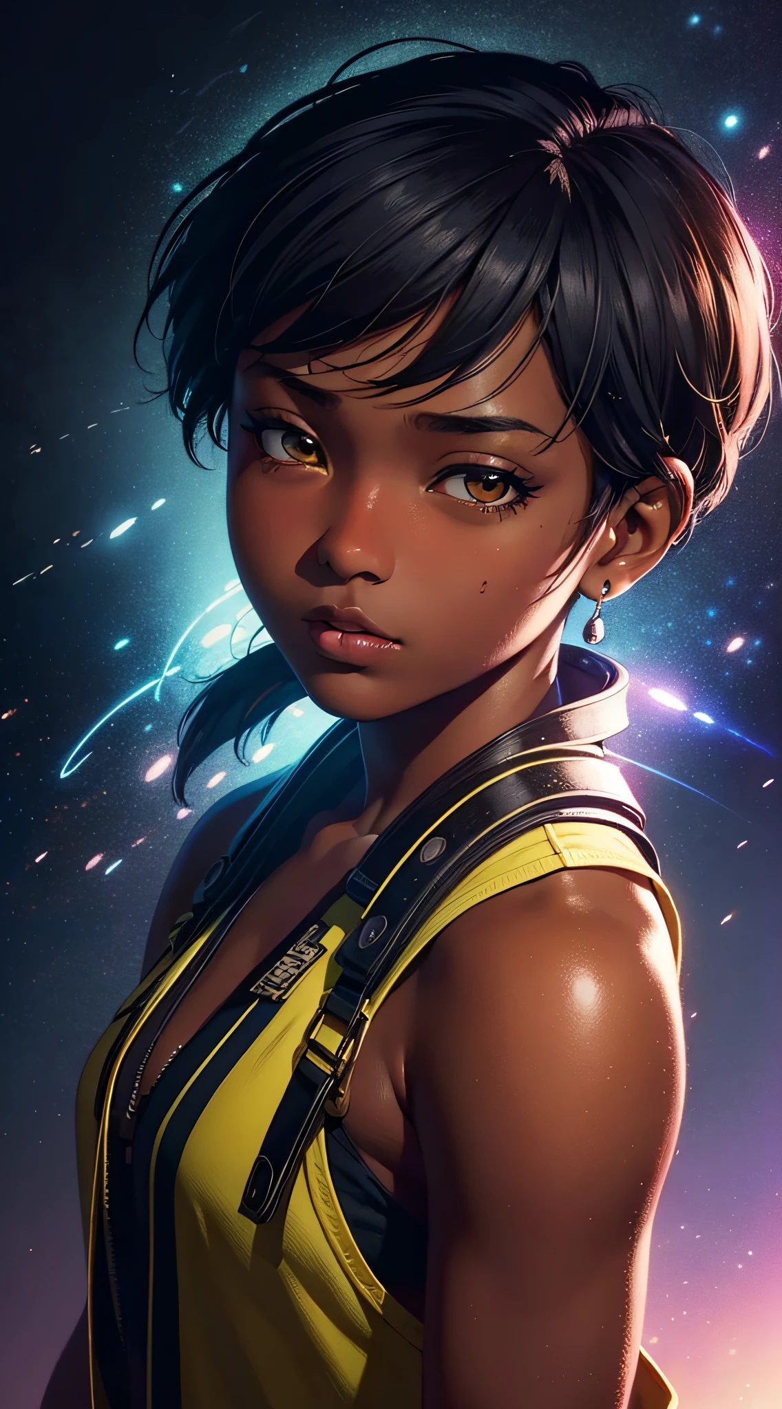 Dark-skinned tomboy girl with cut hair, Illustrated by Aoiro Studio and Masaaki Komori, hyper detailed, neons, lighting cinematic, peinture mate, illustrated in an oil painting style, Tendances sur ArtStation, Art contemporain, Surreal and dreamlike atmosphere.