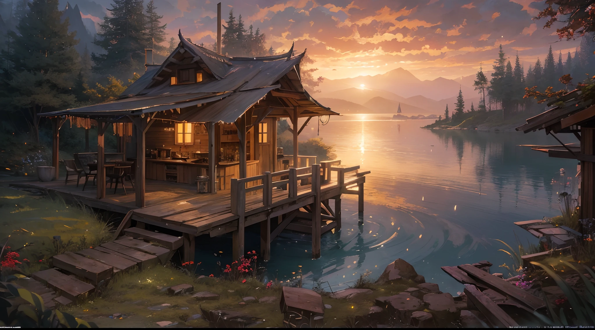(by Greg Rutkowski: 1.2), (masterpiece), (best quality), extremely delicate and beautiful, illustration, (fantasy landscape), A mesmerizing fantasy landscape with enchanting elements blending seamlessly. (humble hut near a lake), Providing a distant view that captures the grandeur and atmosphere. From Brian Froud and Carne Griffiths and Wadim Kashin and John William Waterhouse, 8K post-production, high resolution, hyperdetailed, depth of field, HDR, intricate
