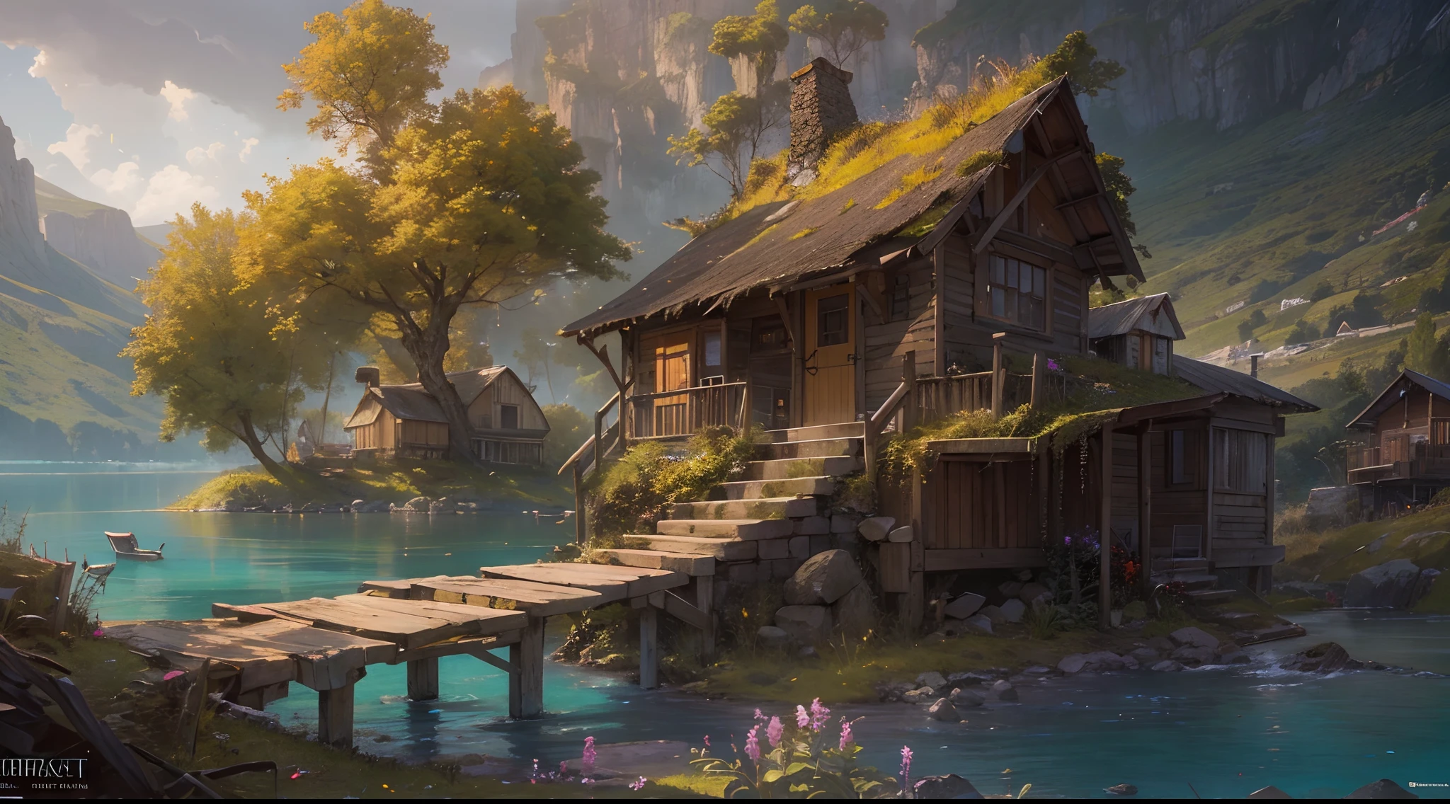 (by Greg Rutkowski: 1.2), (masterpiece), (best quality), extremely delicate and beautiful, illustration, (fantasy landscape), A mesmerizing fantasy landscape with enchanting elements blending seamlessly. (humble hut near a lake), Providing a distant view that captures the grandeur and atmosphere. From Brian Froud and Carne Griffiths and Wadim Kashin and John William Waterhouse, 8K post-production, high resolution, hyperdetailed, depth of field, HDR, intricate