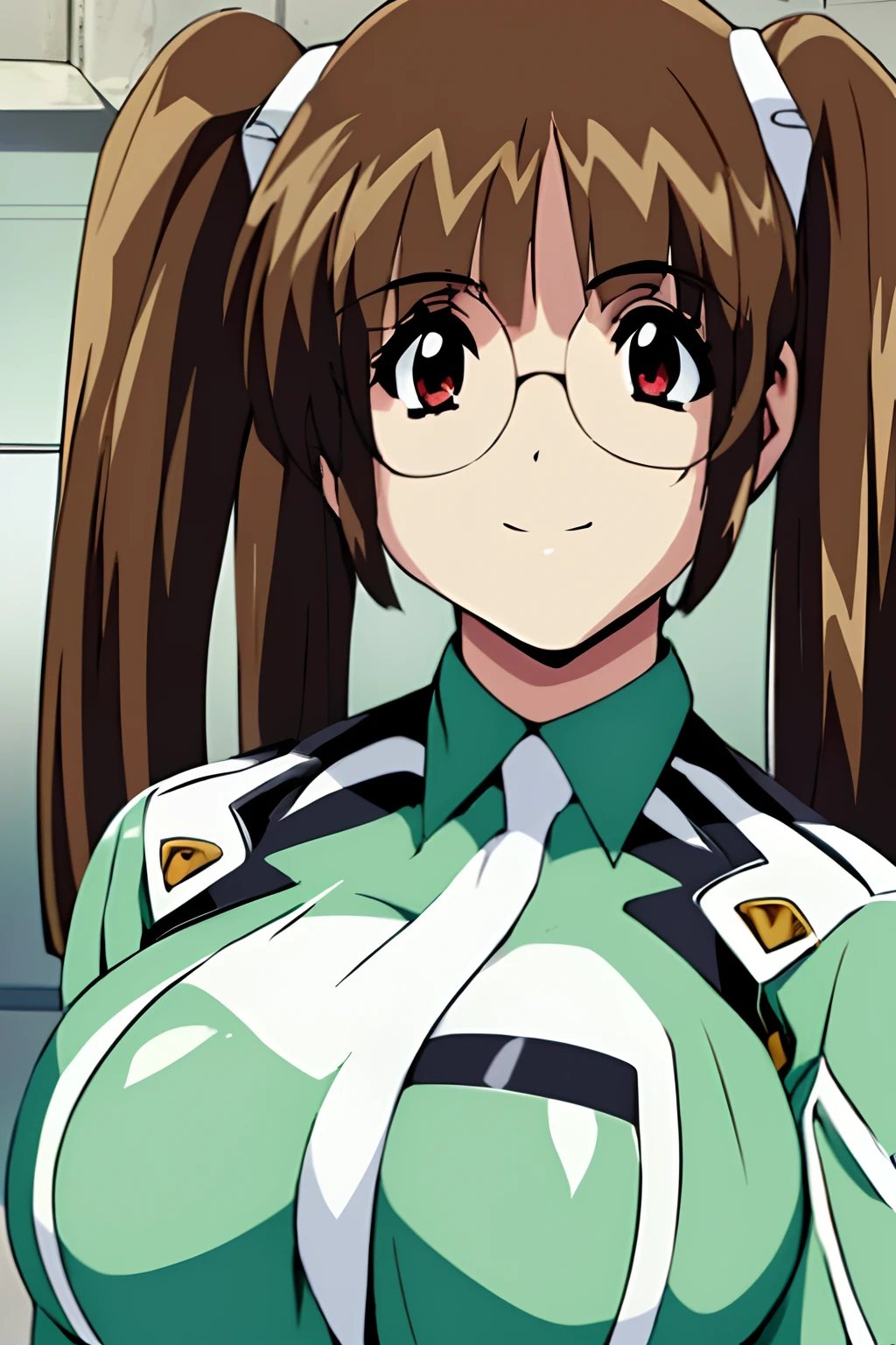 1girl in,(high-level image quality:1.3)、(masterpiece:1.3)、4K,8K,Official art,(huge-breasted:1.5),eye glass、Twin-tailed、Brown hair color,(simple background:1.4),Smile