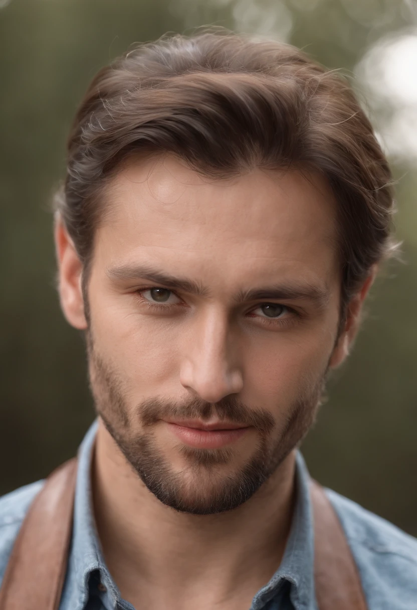 Photorealistic portrait of man in his 30s in tanned shirt and rancher's clothes, Suspenders and blue jeans, Photorealistic, Natural hair, Natural face, Long beard, sideburns, , Hyper Detailed, The sun was beaten, dirty.