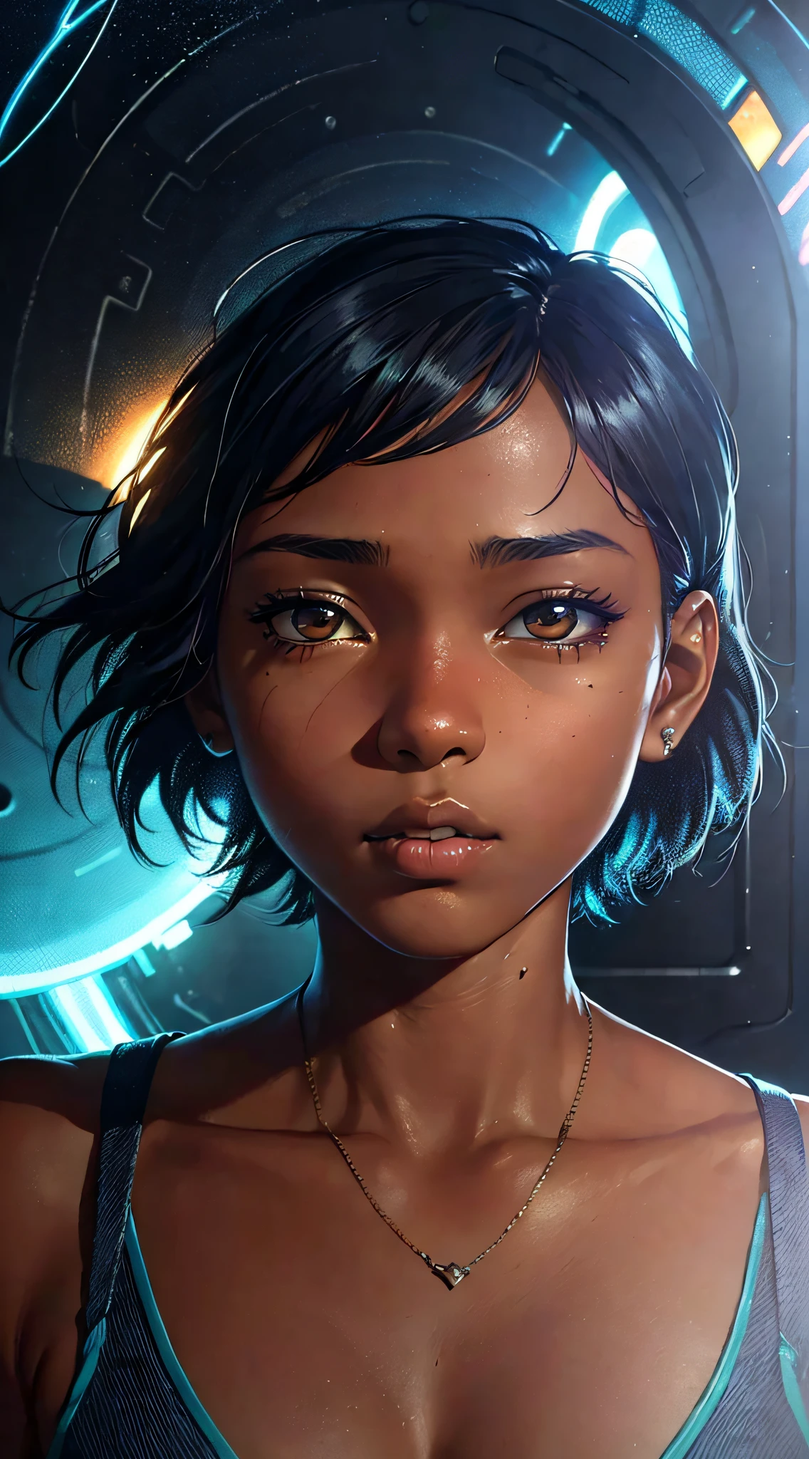 Dark-skinned tomboy girl with cut hair, Illustrated by Aoiro Studio and Masaaki Komori, hyper detailed, neons, lighting cinematic, peinture mate, illustrated in an oil painting style, Tendances sur ArtStation, Art contemporain, Surreal and dreamlike atmosphere.