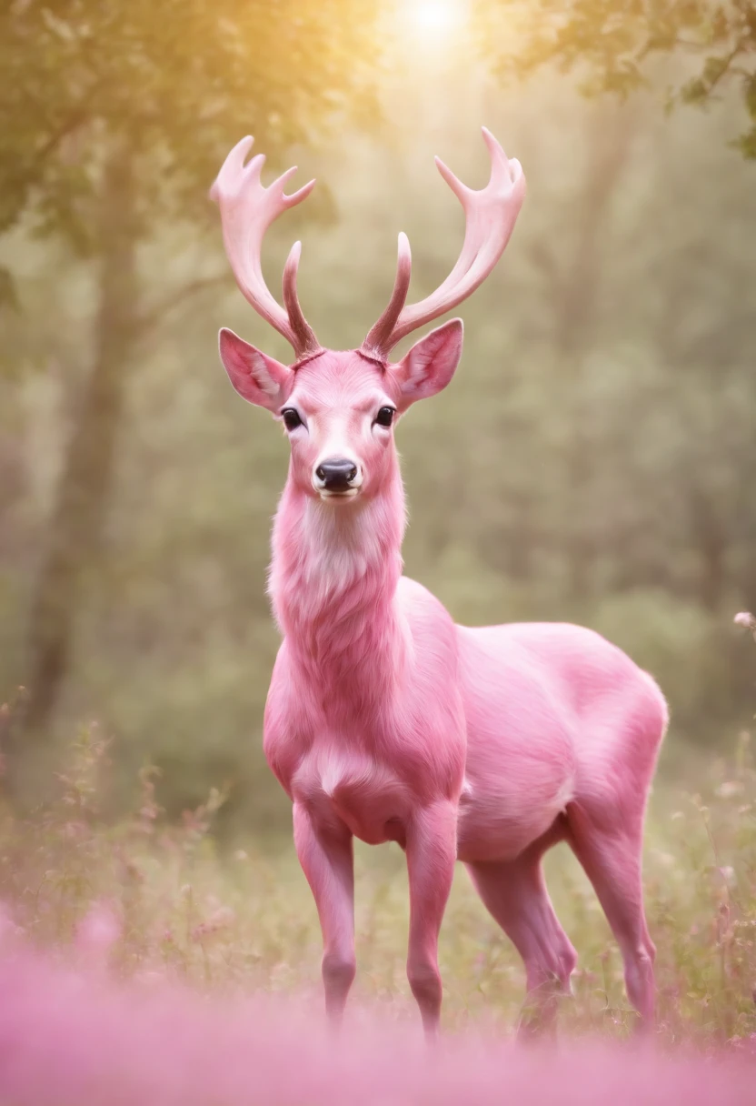 a detailed anime drawing of a ((pink)) deer with yellow eyes that gives off a aura of grace with large heart-shaped antlers dashing through a meadow by itself