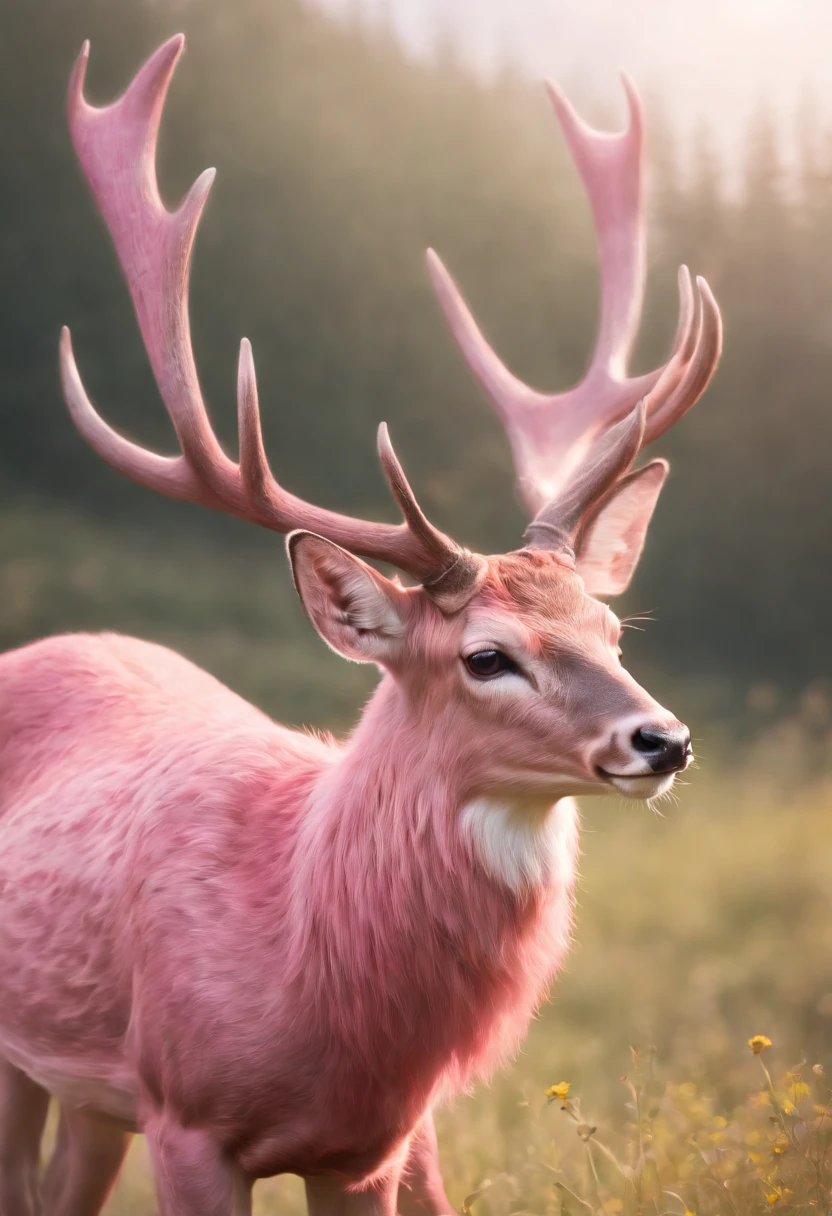 a detailed anime drawing of a ((pink)) deer with yellow eyes that gives off a aura of grace with large heart-shaped antlers dashing through a meadow by itself