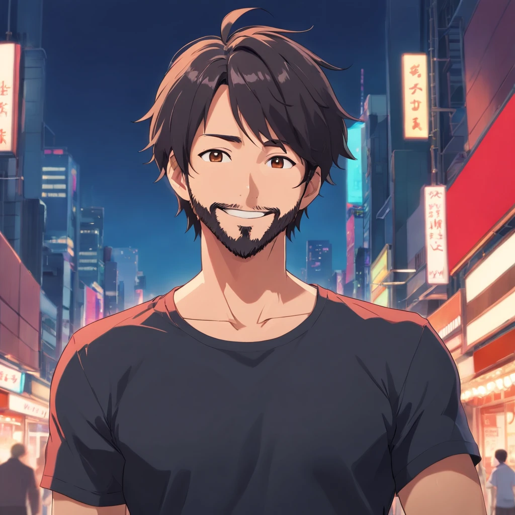 (Front view:1.4),Groomed beard,40-year-old dandy man,Composition of the upper body,japanes,(a smile:1.3),A tall man,a beard, Delicate facial features like an actor,Short-haired true black hair, (Black Y-shirt:1.4), Intense muscles, eyes are brown, Single-color background、Solid background color, Blurry background ,Red background